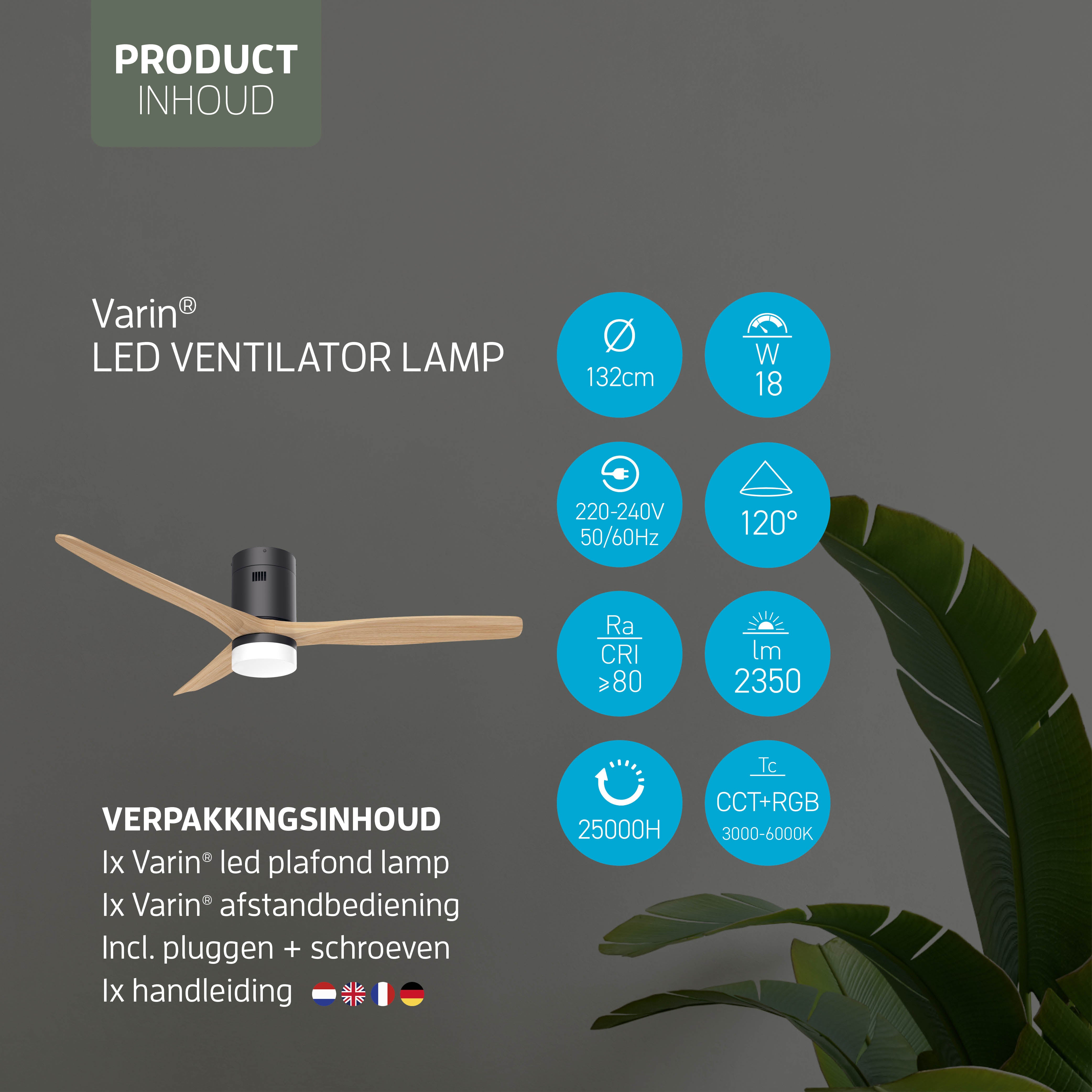 Smart Plafondventilator Zwart/naturel met Verlichting - 132cm - WiFi