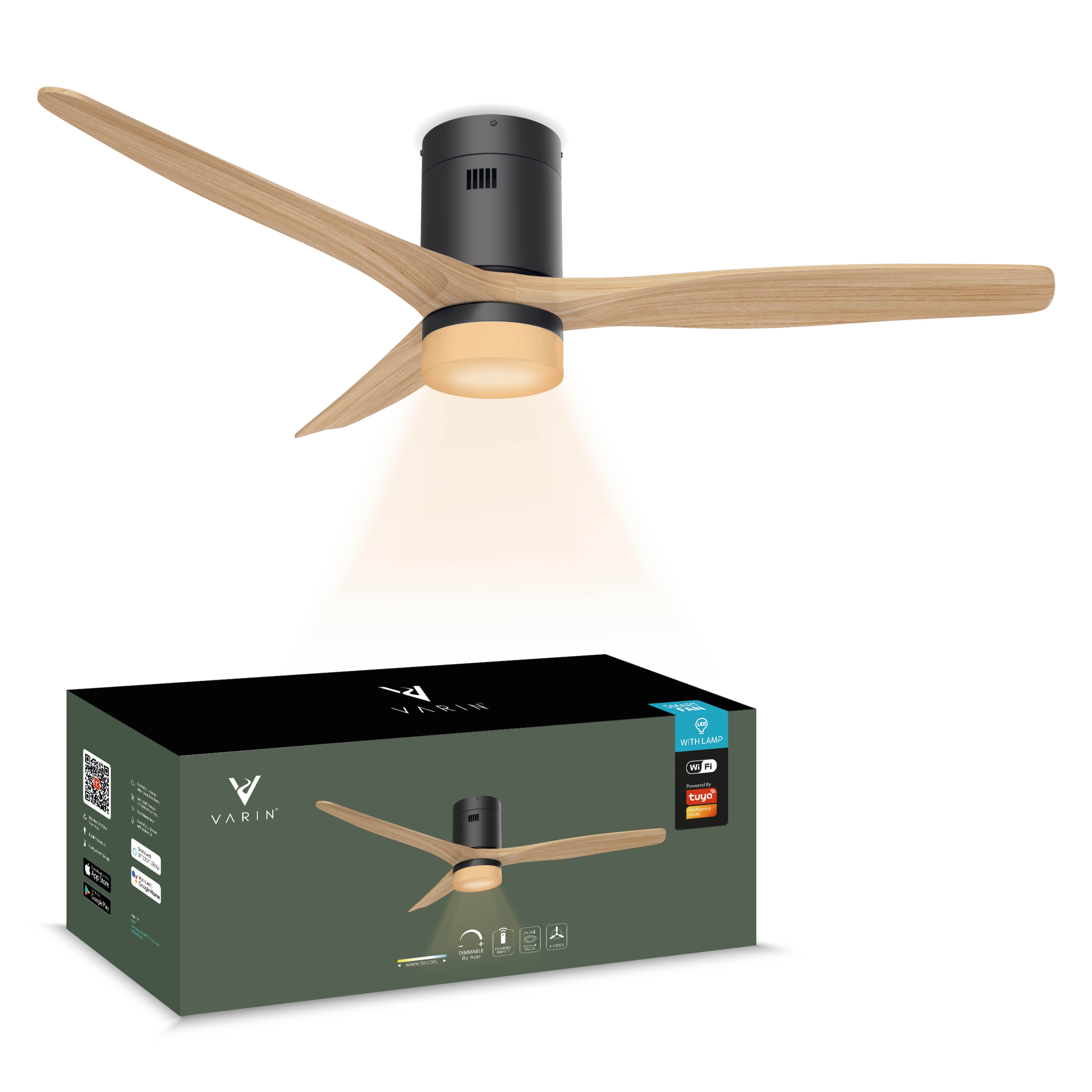 Smart Plafondventilator Zwart/naturel met Verlichting - 132cm - WiFi