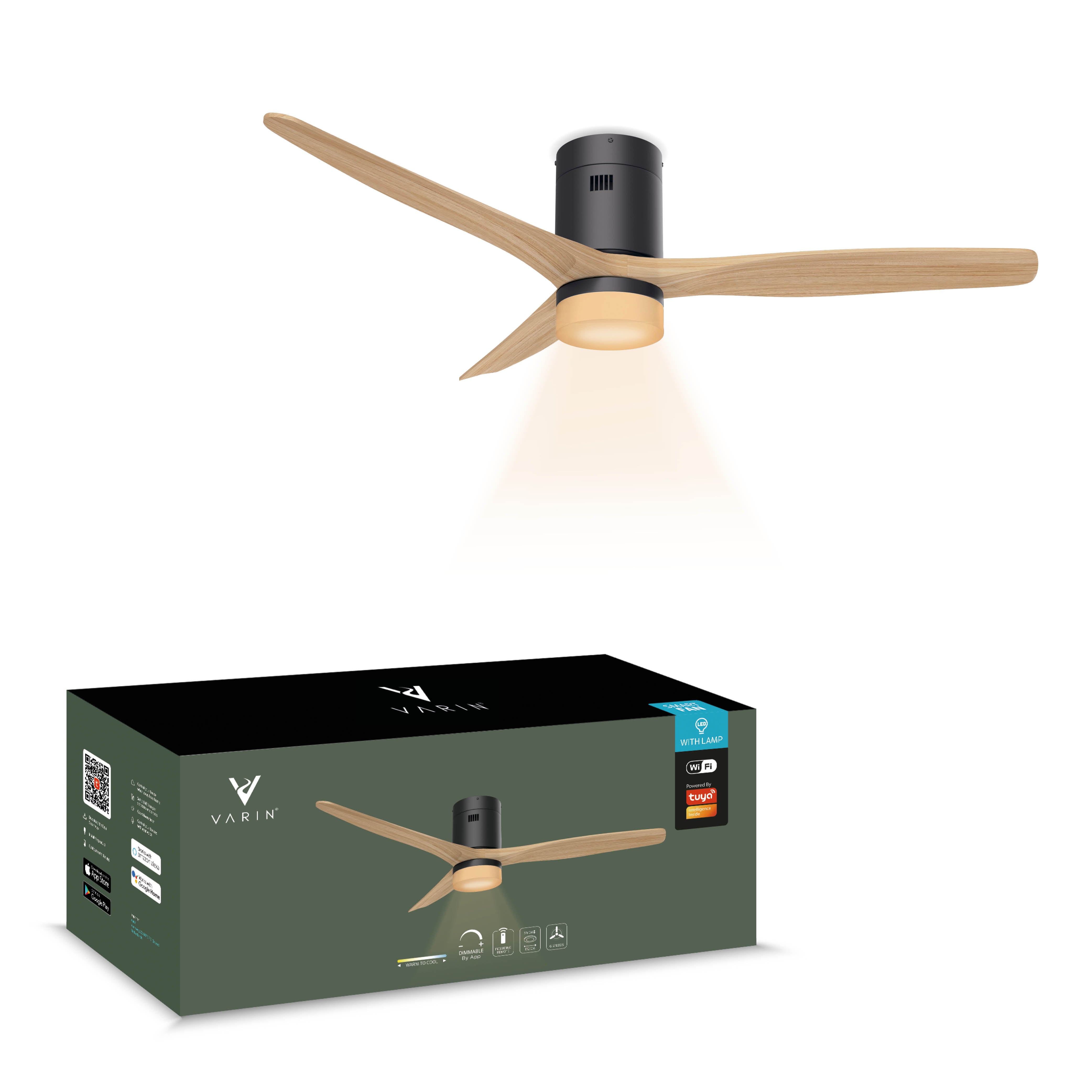 Smart Plafondventilator Zwart/naturel met Verlichting - 132cm - WiFi