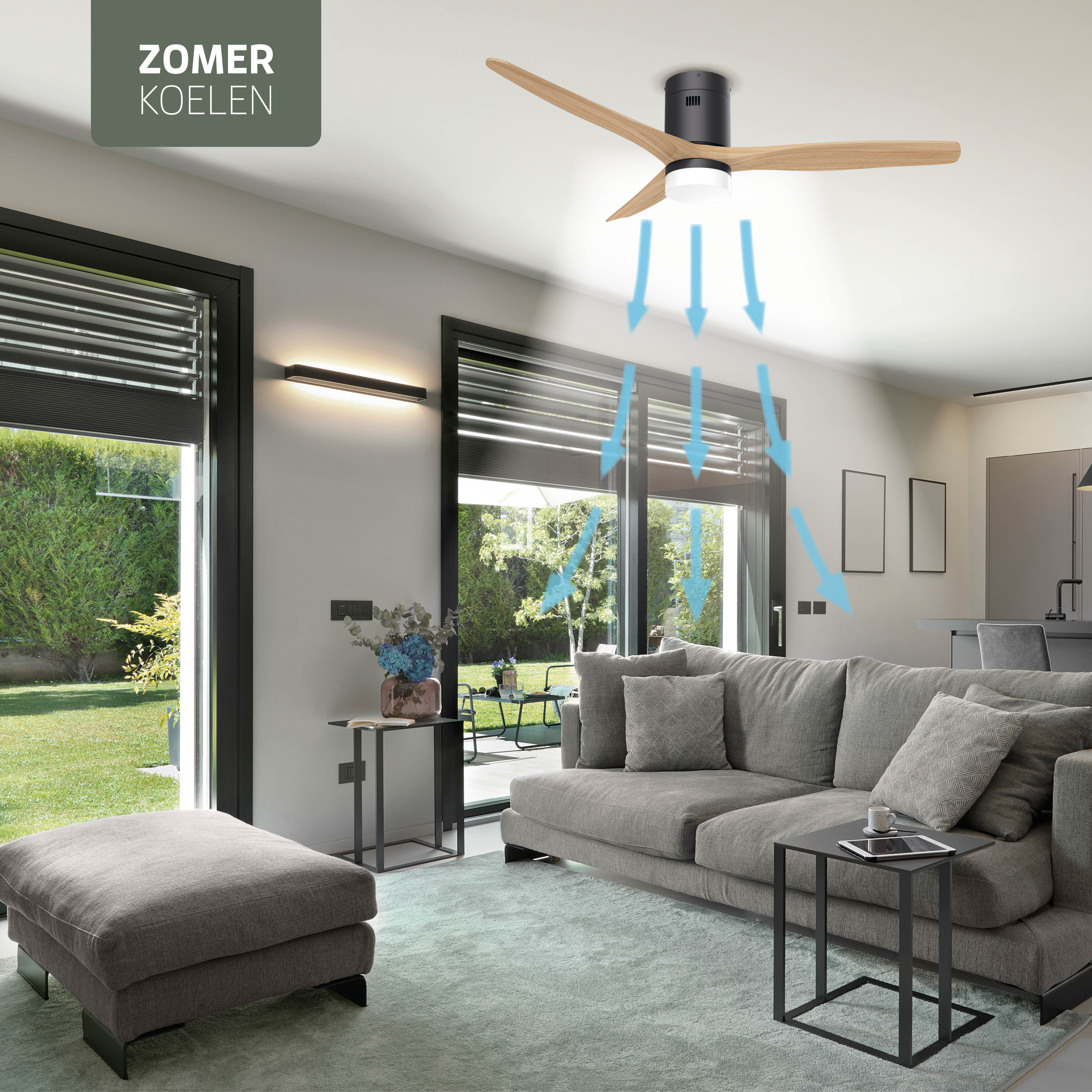 Smart Plafondventilator Zwart/naturel met Verlichting - 132cm - WiFi