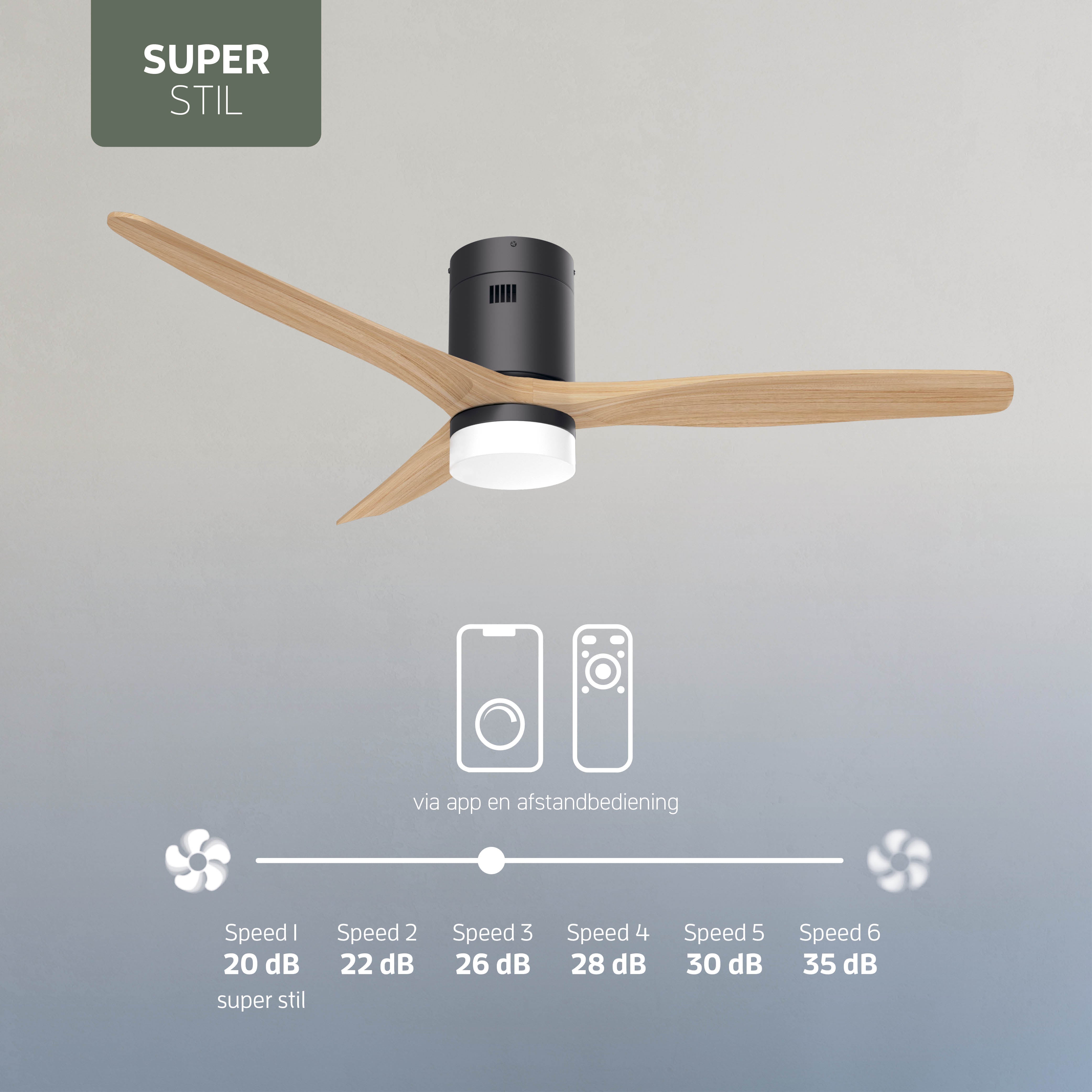 Smart Plafondventilator Zwart/naturel met Verlichting - 132cm - WiFi