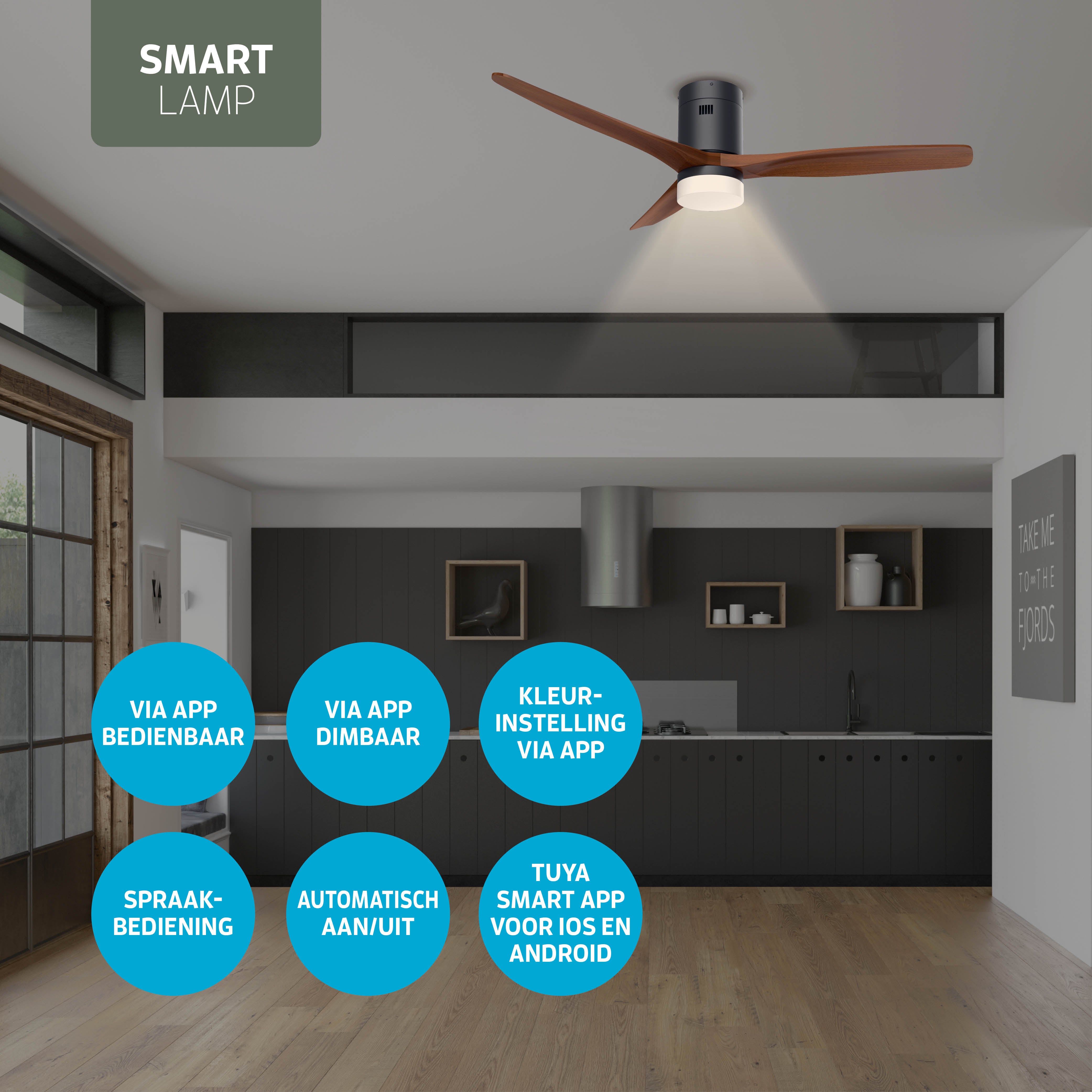 Smart Plafondventilator Zwart/walnoot met Verlichting - 132cm - WiFi