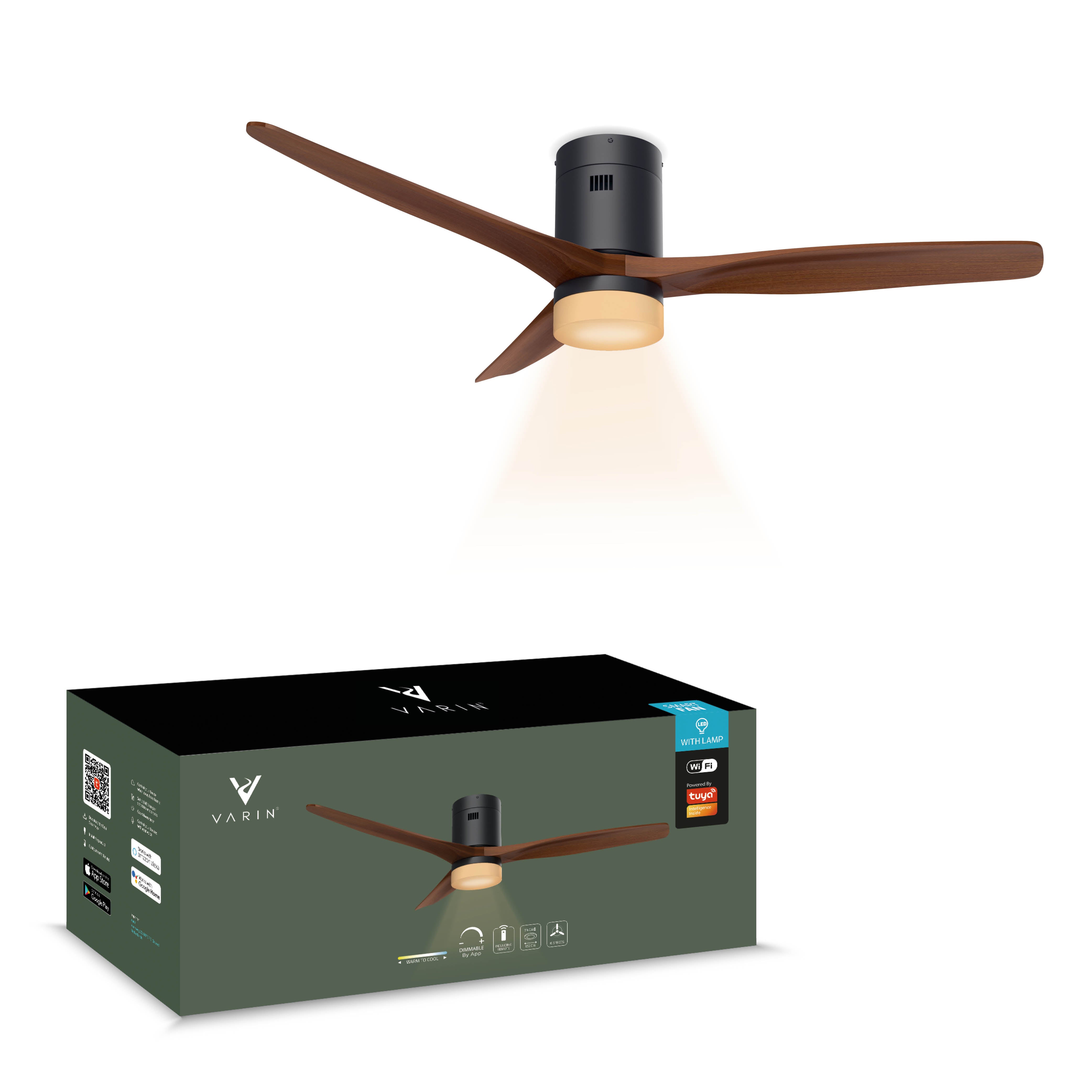 Smart Plafondventilator Zwart/walnoot met Verlichting - 132cm - WiFi