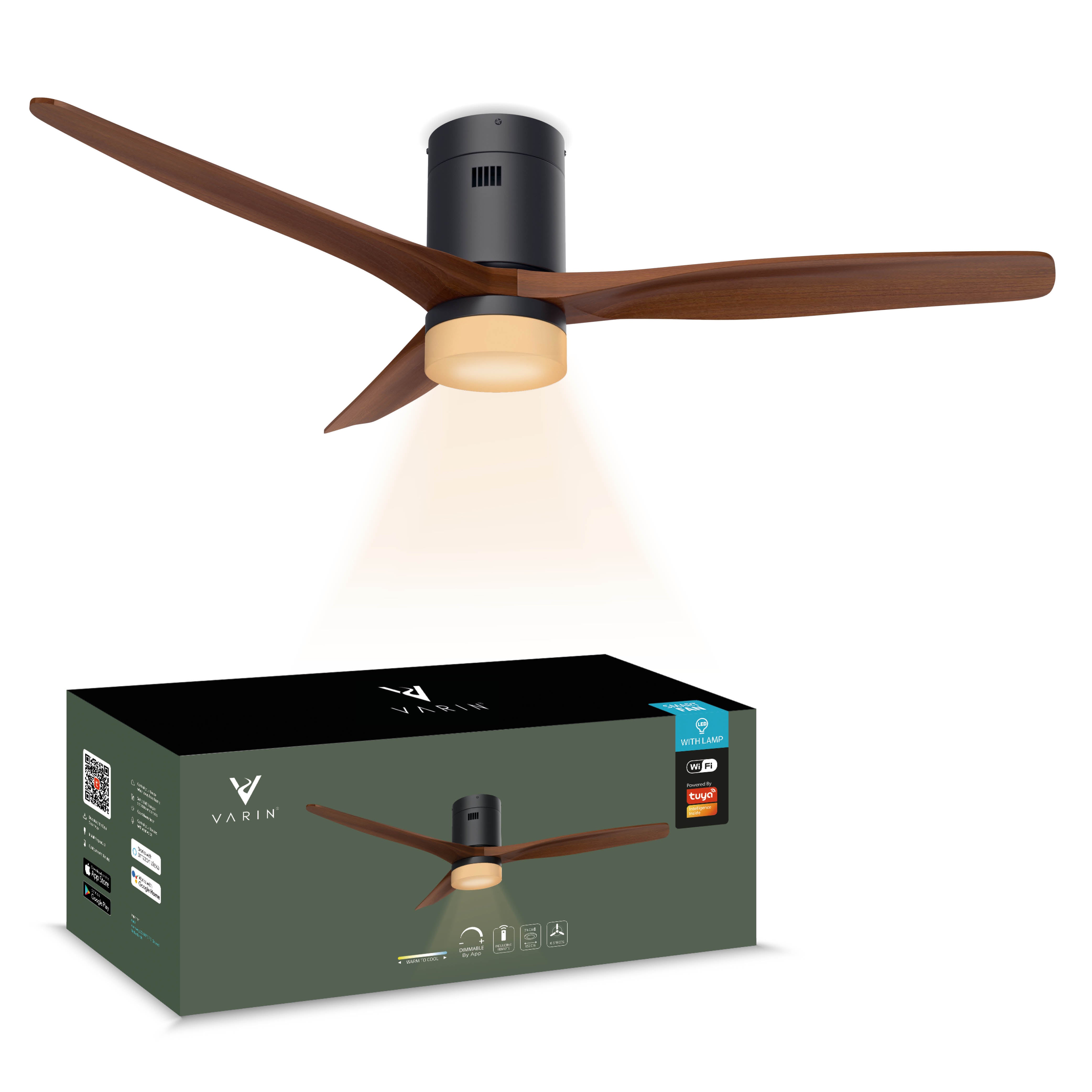 Smart Plafondventilator Zwart/walnoot met Verlichting - 132cm - WiFi