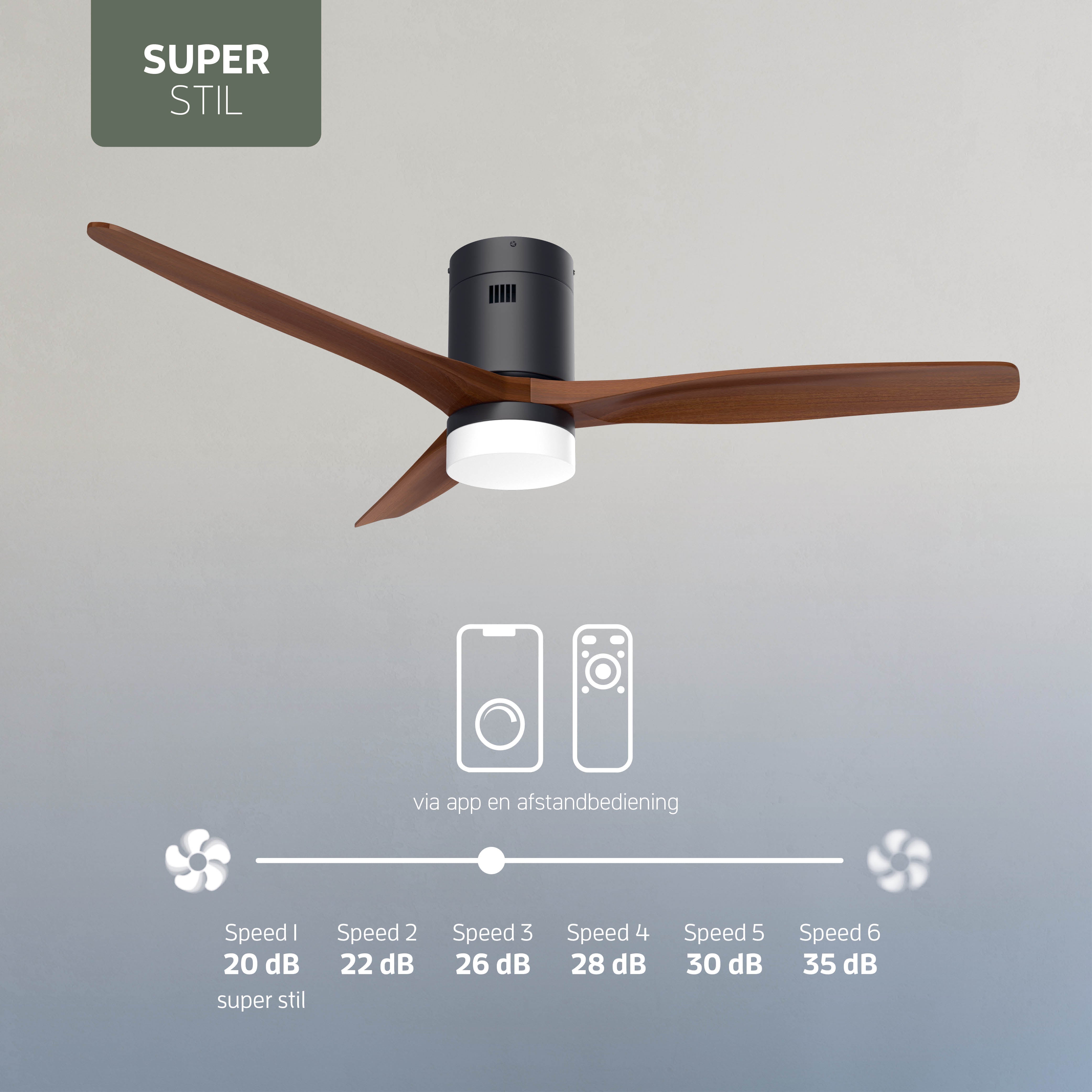 Smart Plafondventilator Zwart/walnoot met Verlichting - 132cm - WiFi