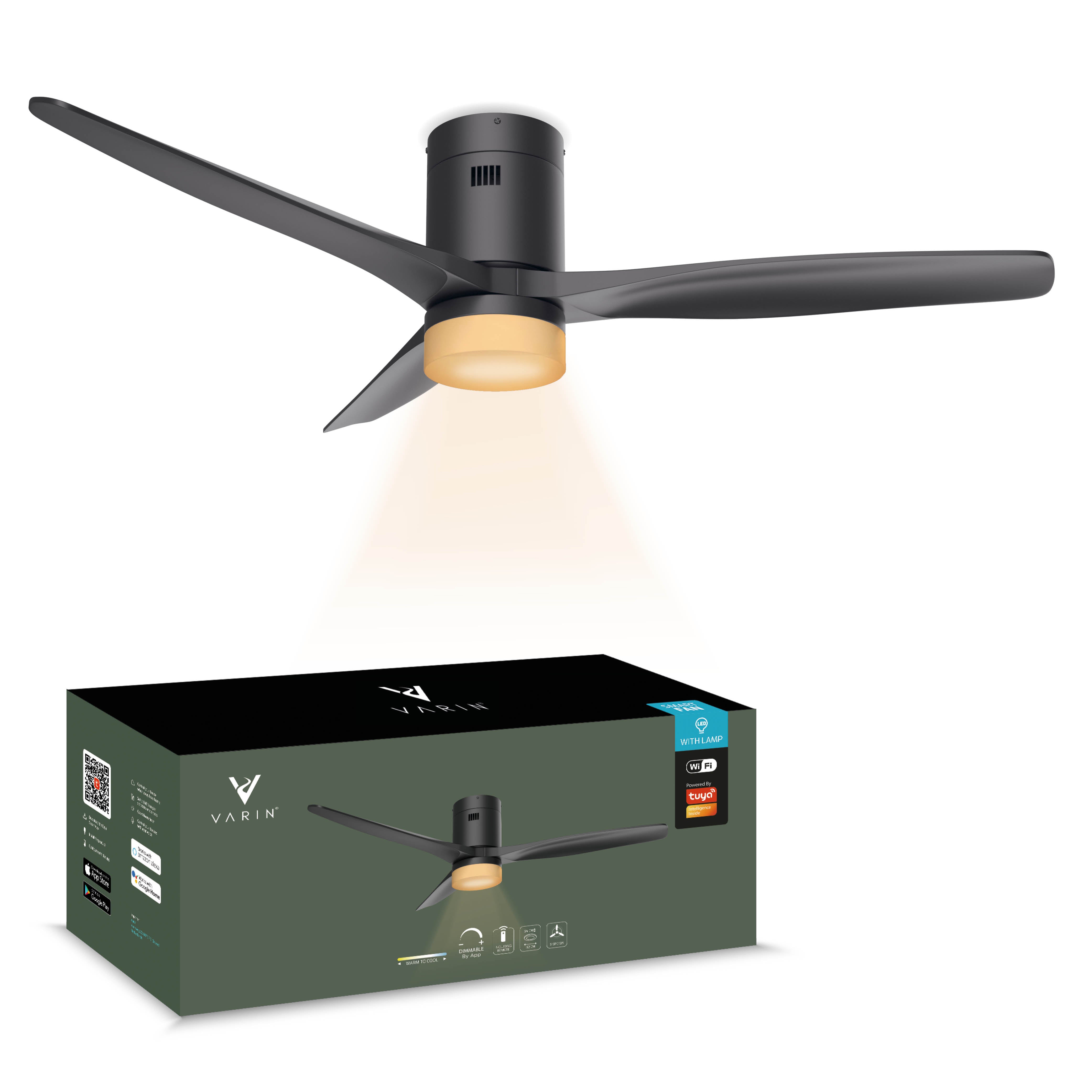 Smart Plafondventilator Zwart met Verlichting - 132cm - WiFi