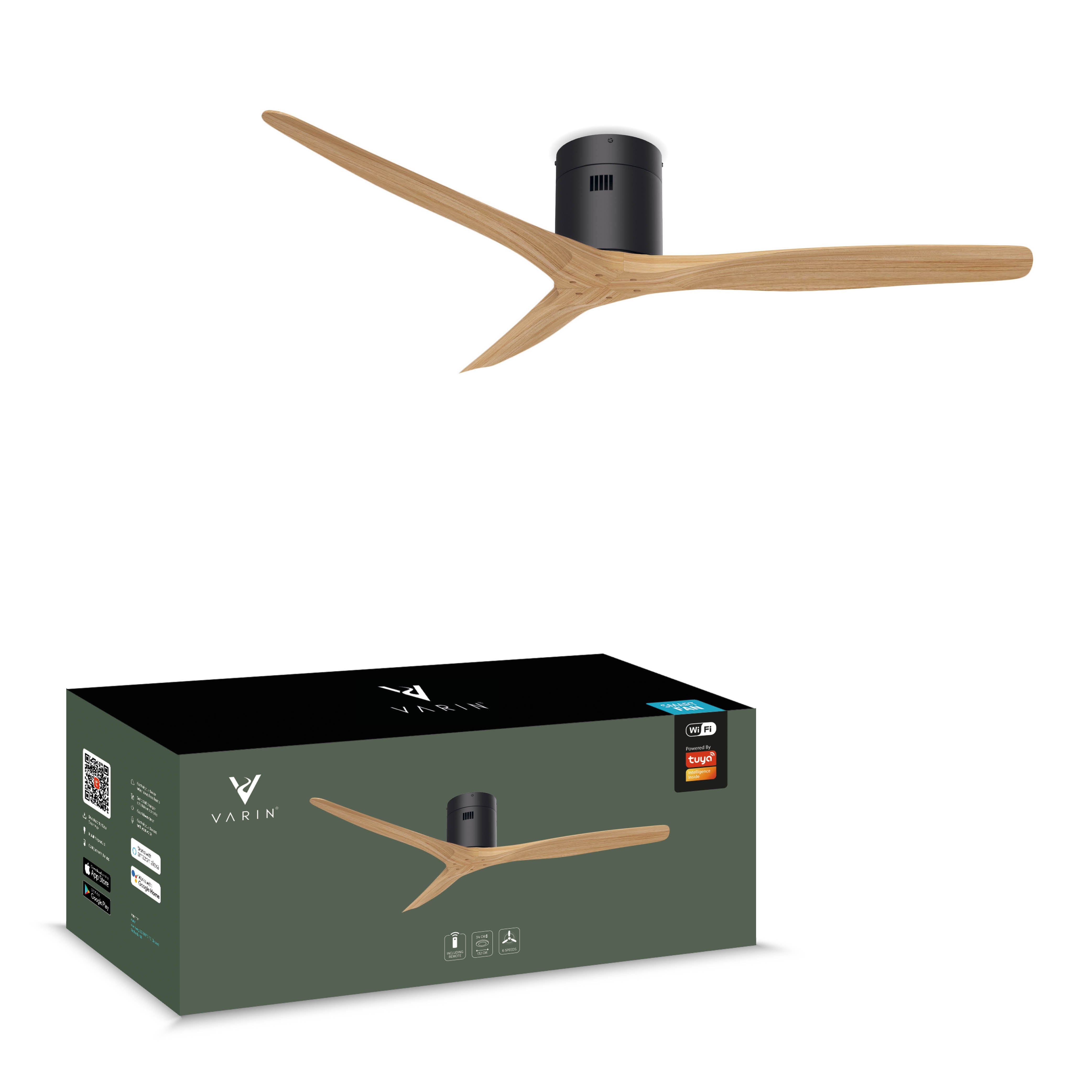 Smart Plafondventilator - Zwart/naturel - 132cm - WiFi