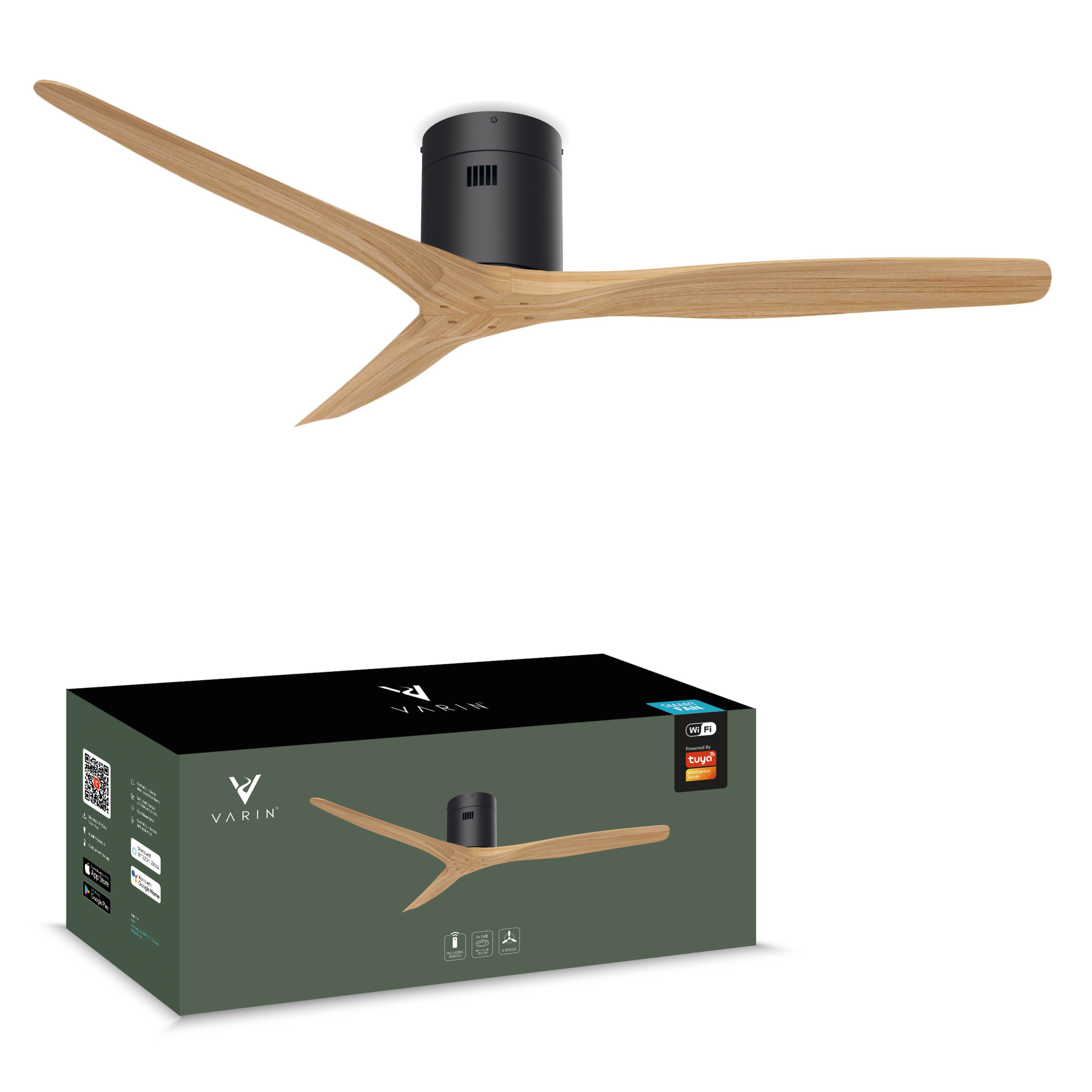 Smart Plafondventilator - Zwart/naturel - 132cm - WiFi