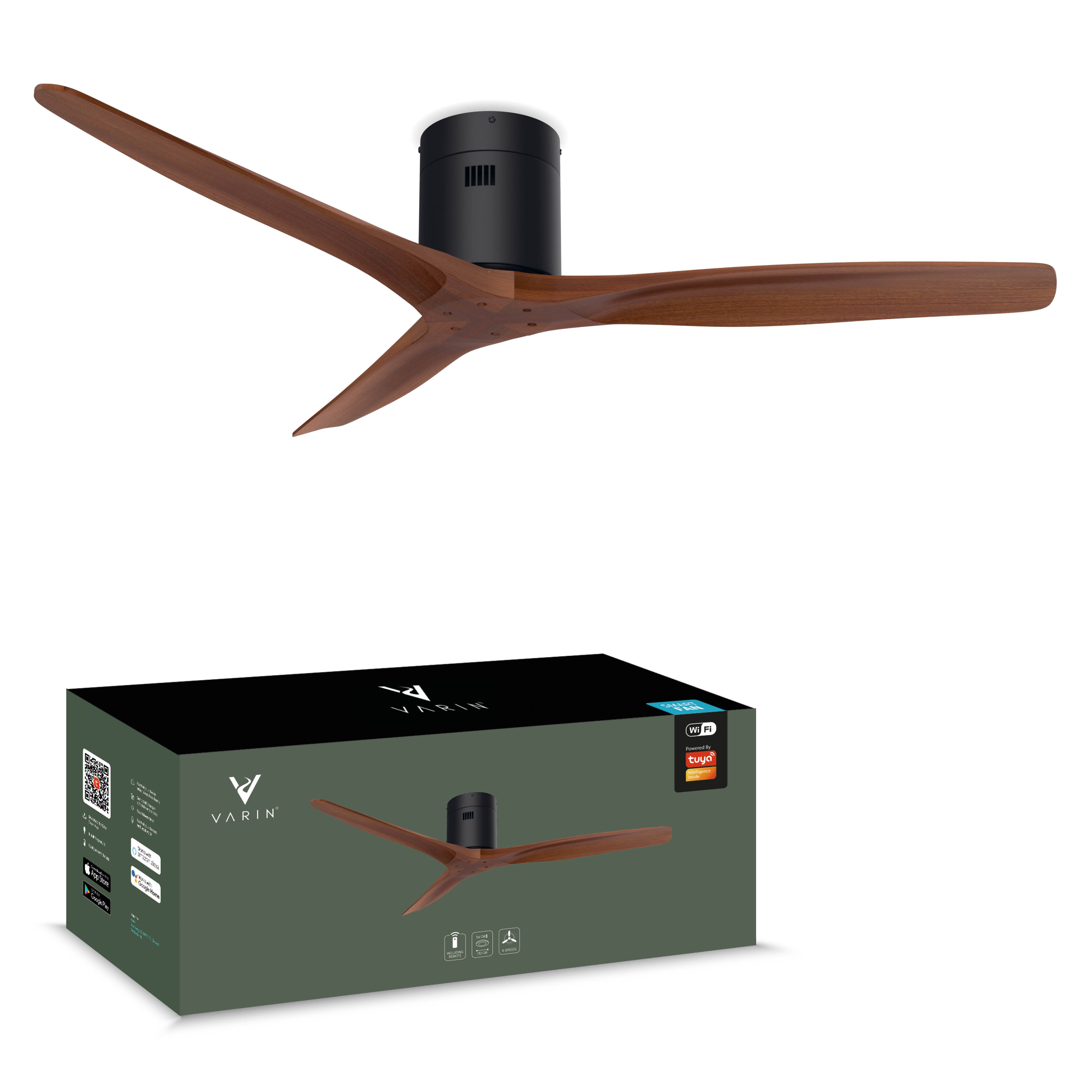 Smart Plafondventilator - Zwart/walnoot - 132cm - WiFi