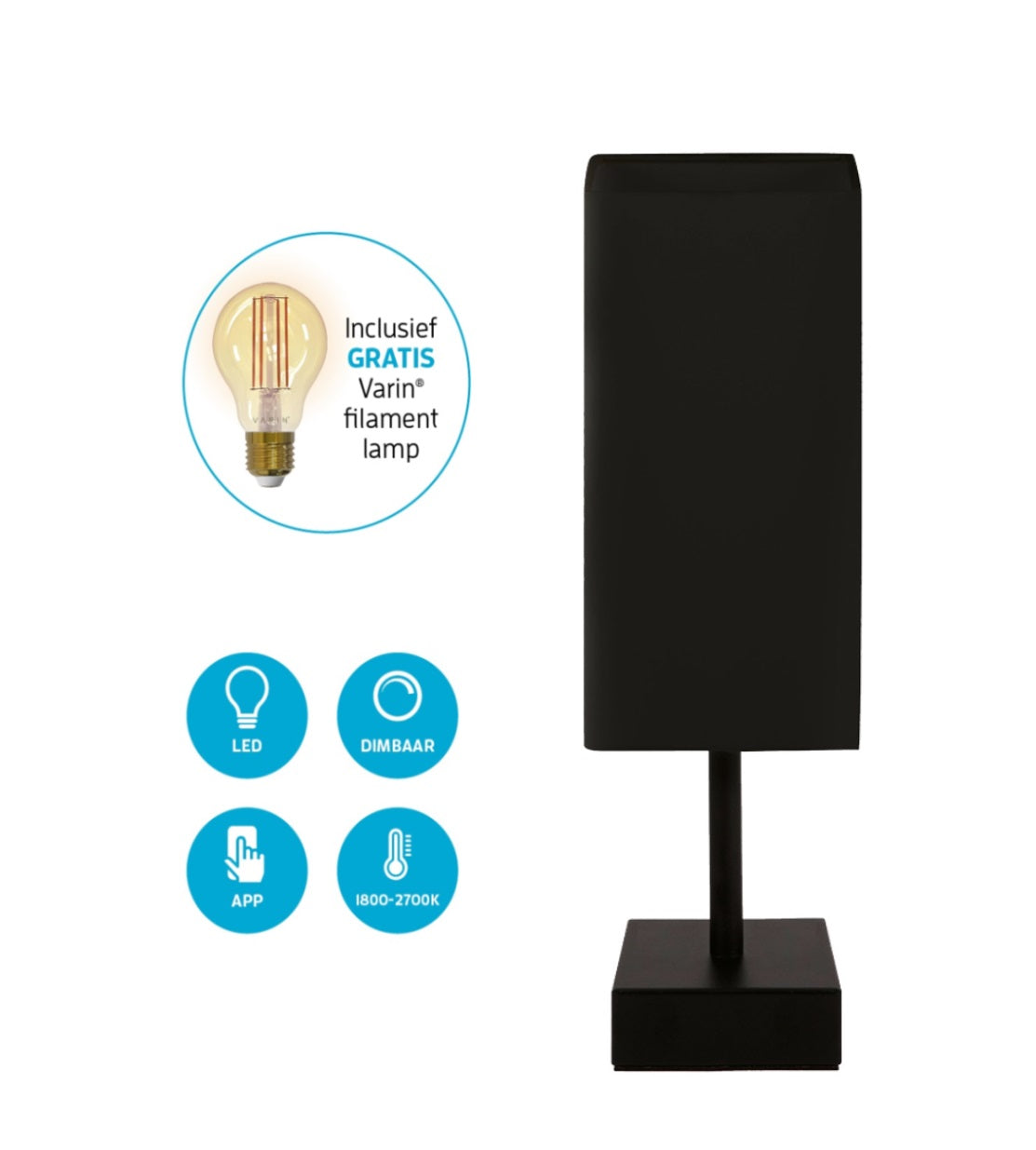 Varin Smart Wifi Tafellamp - Zwarte kap  - 38cm hoog - incl. LED filament lamp E27 - Tuya