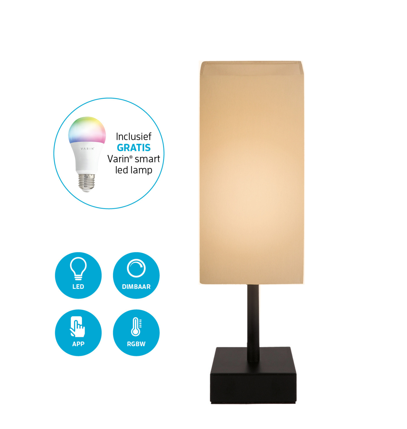 Varin Smart Wifi Tafellamp - Witte kap  - 38cm hoog - incl. LED lamp E27 - Tuya