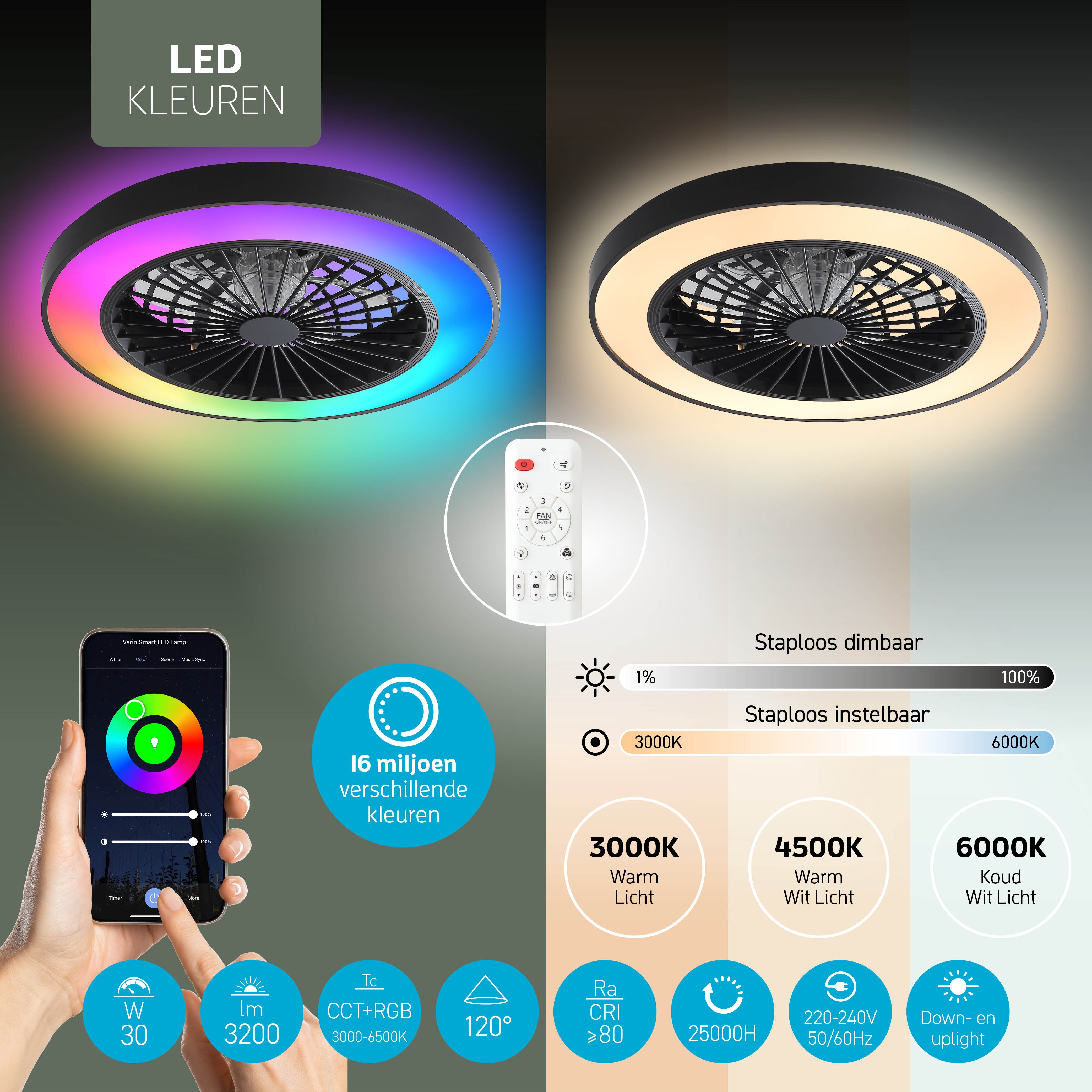 Varin Smart Wifi LED Plafondlamp met ventilator RGBW (CCT) - 50 cm - Tuya - Zwart/Zwart