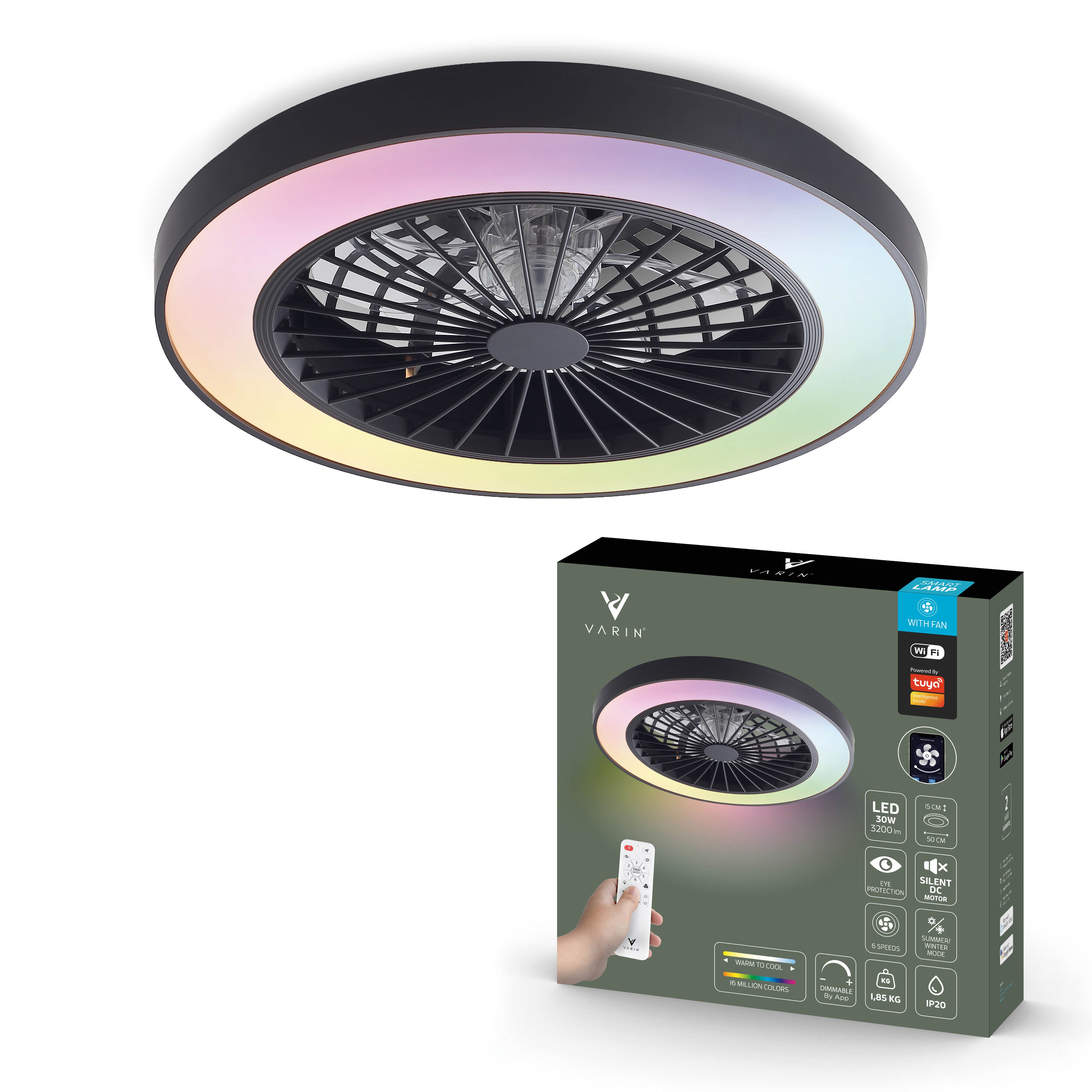 Varin Smart Wifi LED Plafondlamp met ventilator RGBW (CCT) - 50 cm - Tuya - Zwart/Zwart