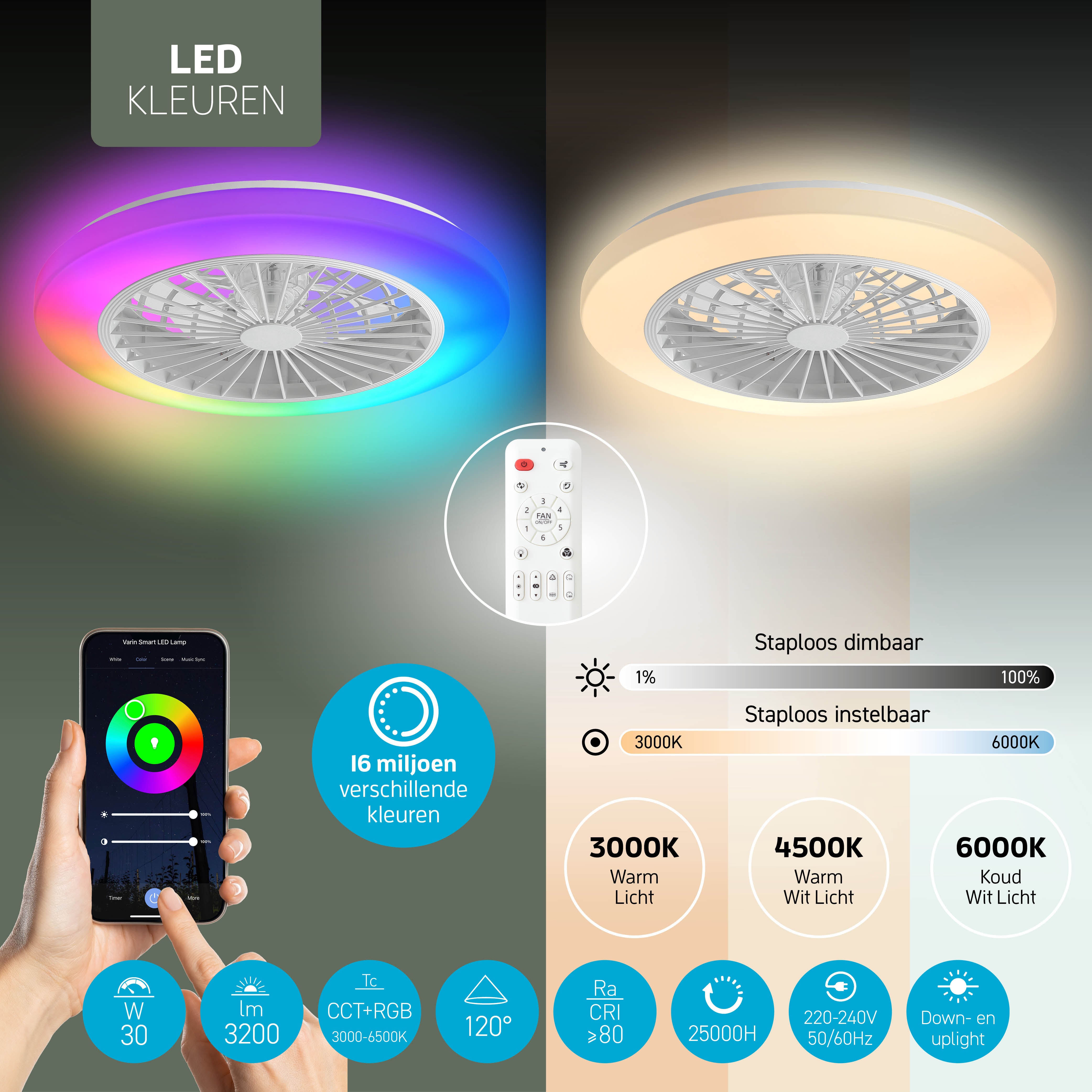 Varin Smart Wifi LED Plafondlamp met ventilator RGBW (CCT) - 50 cm - Tuya - Transparant/Wit