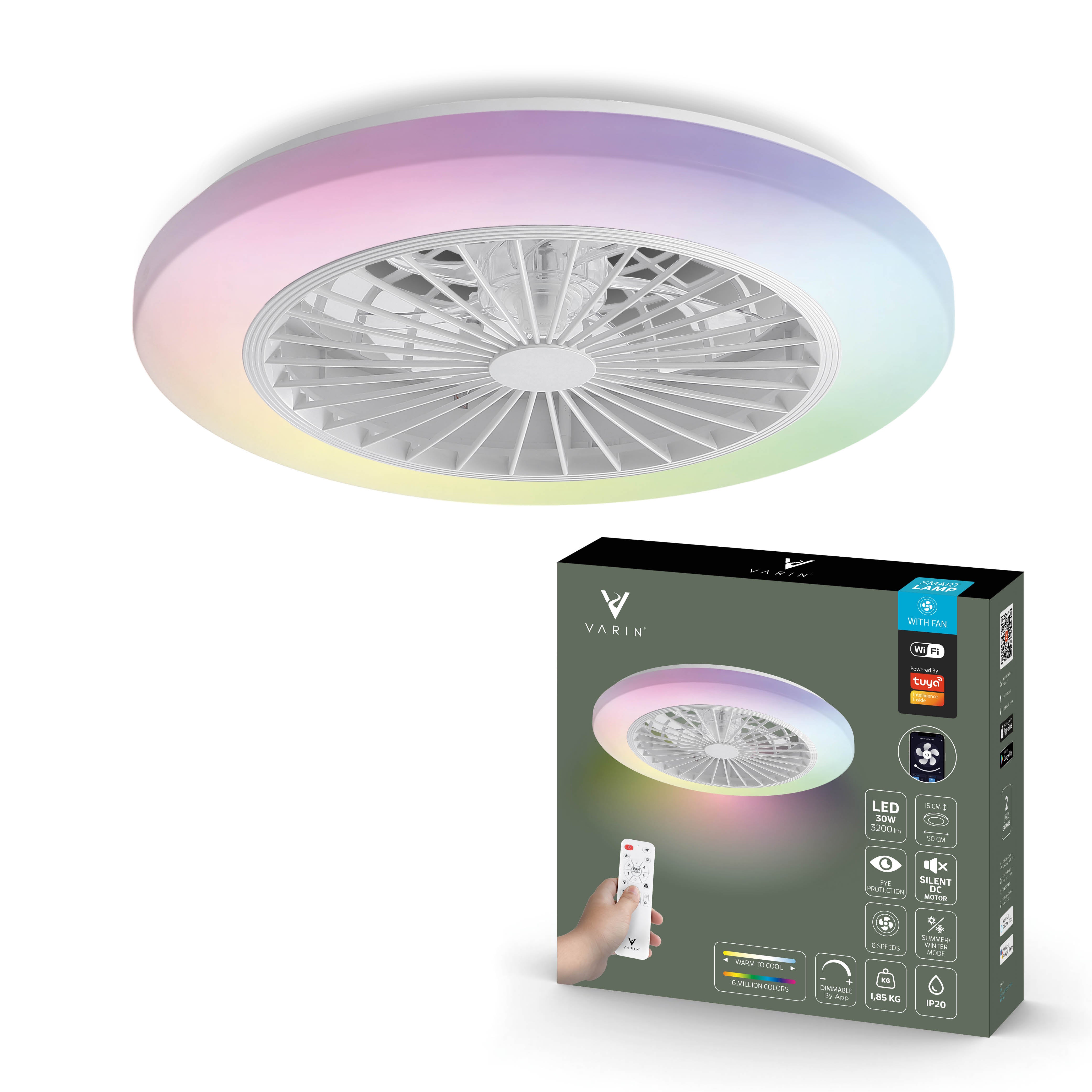 Varin Smart Wifi LED Plafondlamp met ventilator RGBW (CCT) - 50 cm - Tuya - Transparant/Wit