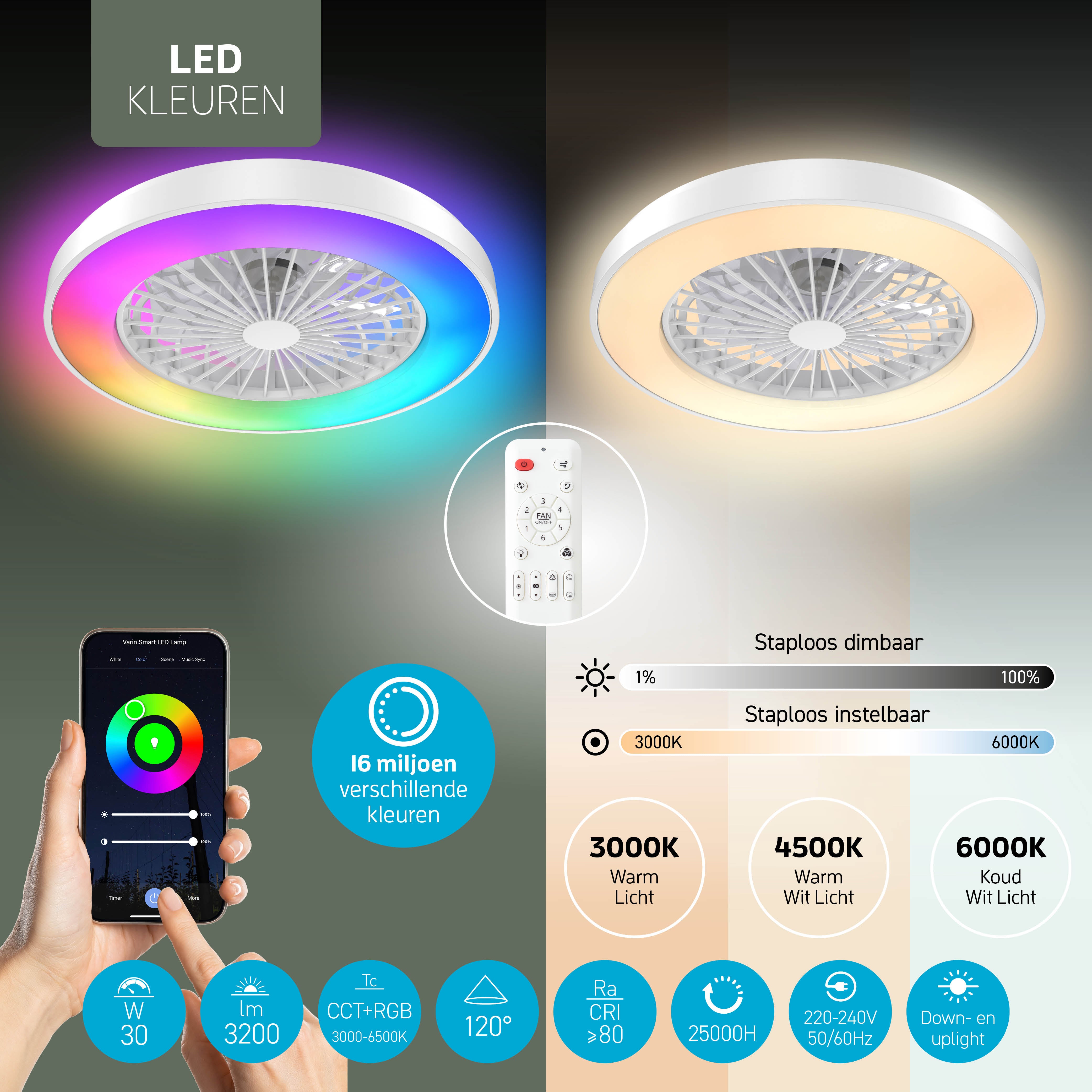 Varin Smart Wifi LED Deckenleuchte mit Ventilator RGBW (CCT) - 50 cm - Tuya - Weiß