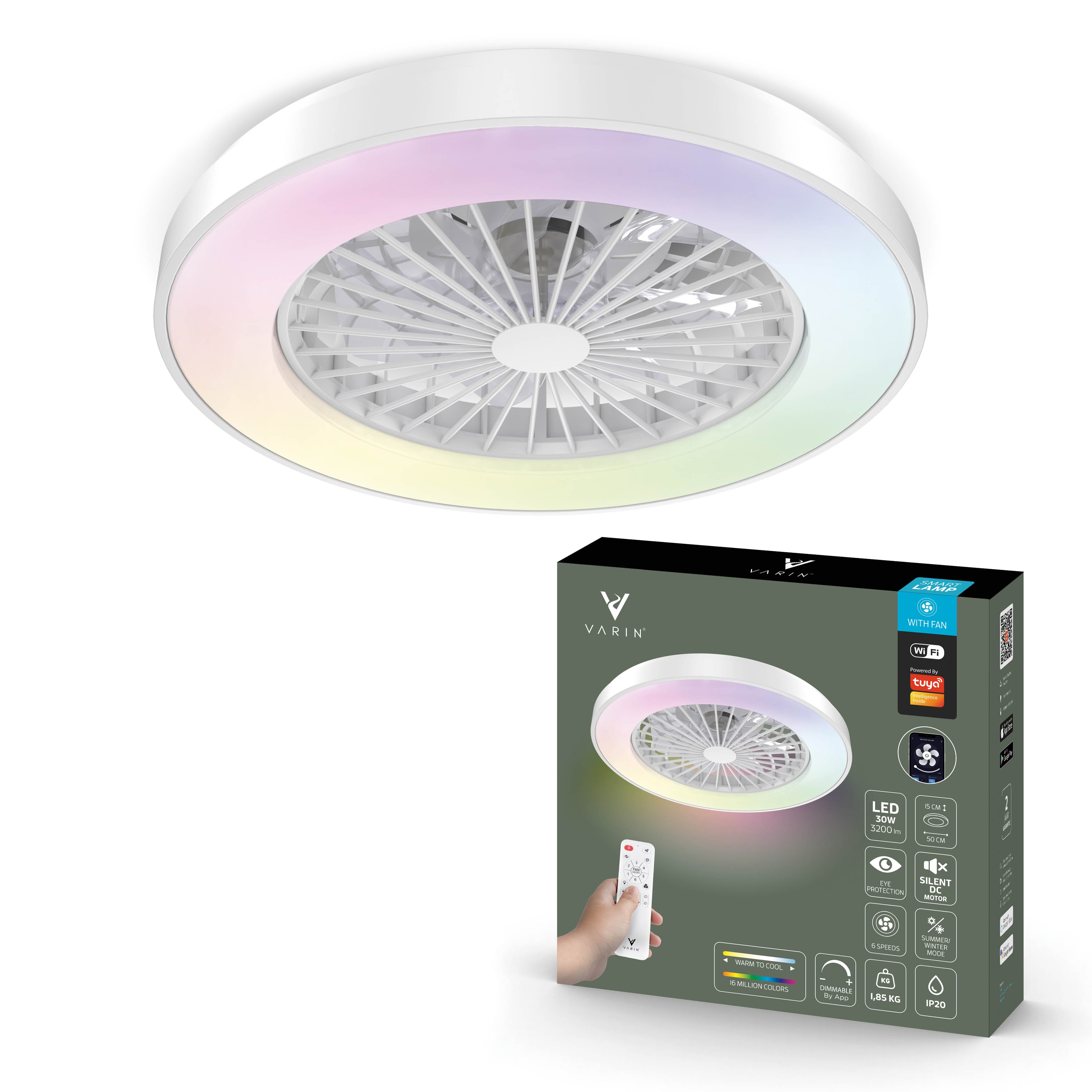 Varin Smart Wifi LED Deckenleuchte mit Ventilator RGBW (CCT) - 50 cm - Tuya - Weiß
