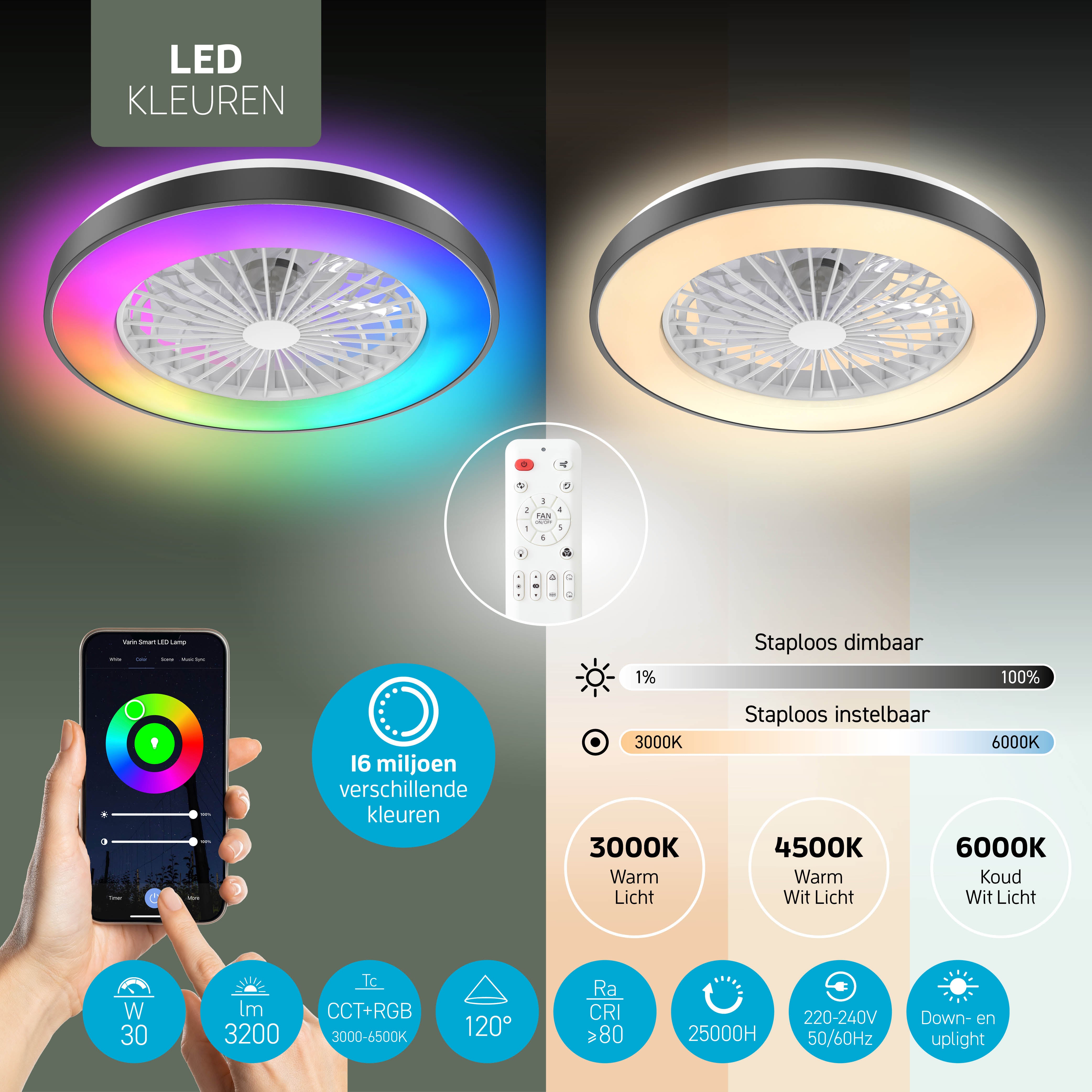 Varin Smart Wifi LED Deckenleuchte mit Ventilator RGBW (CCT) - 50 cm - Tuya - Schwarz