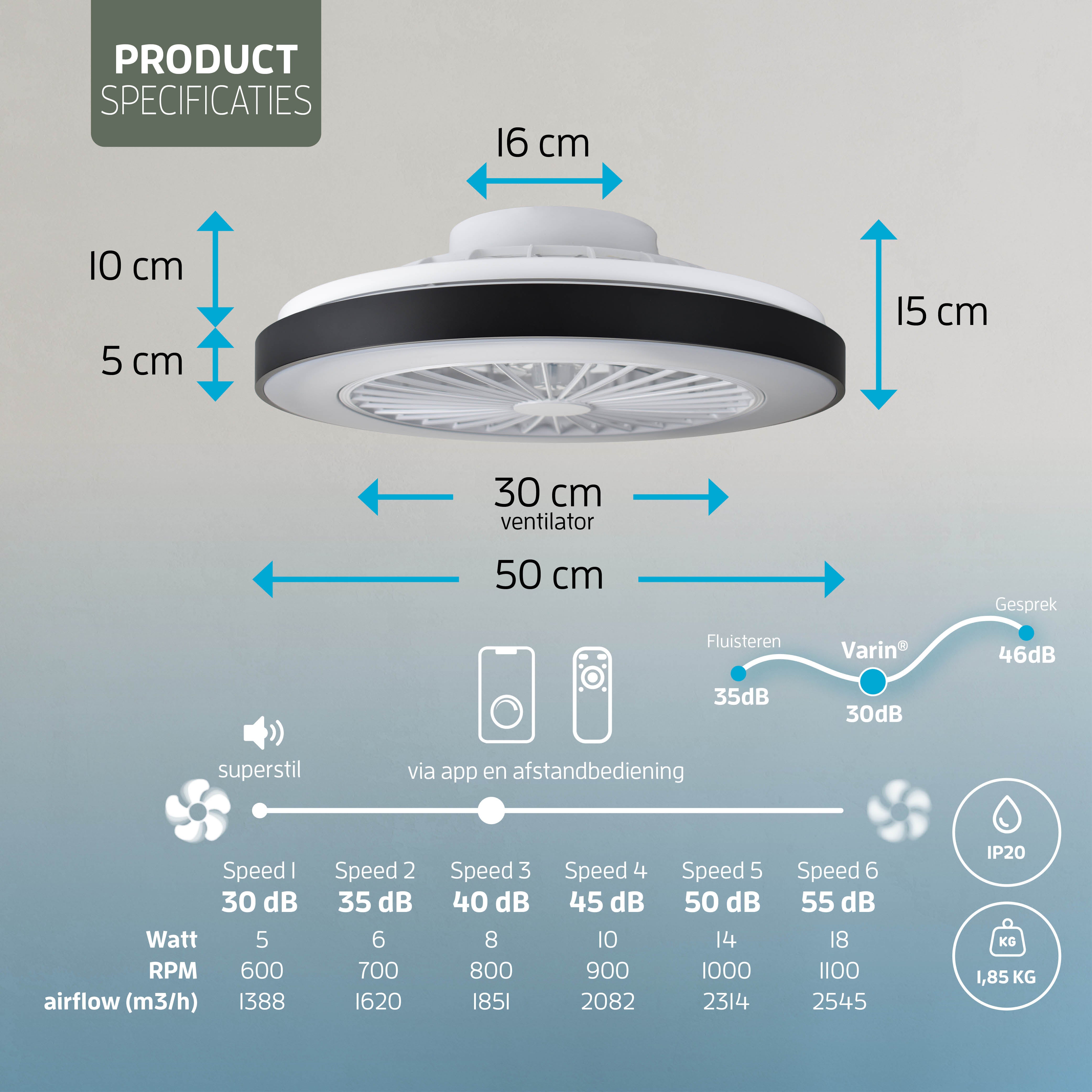 Varin Smart Wifi LED Deckenleuchte mit Ventilator RGBW (CCT) - 50 cm - Tuya - Schwarz