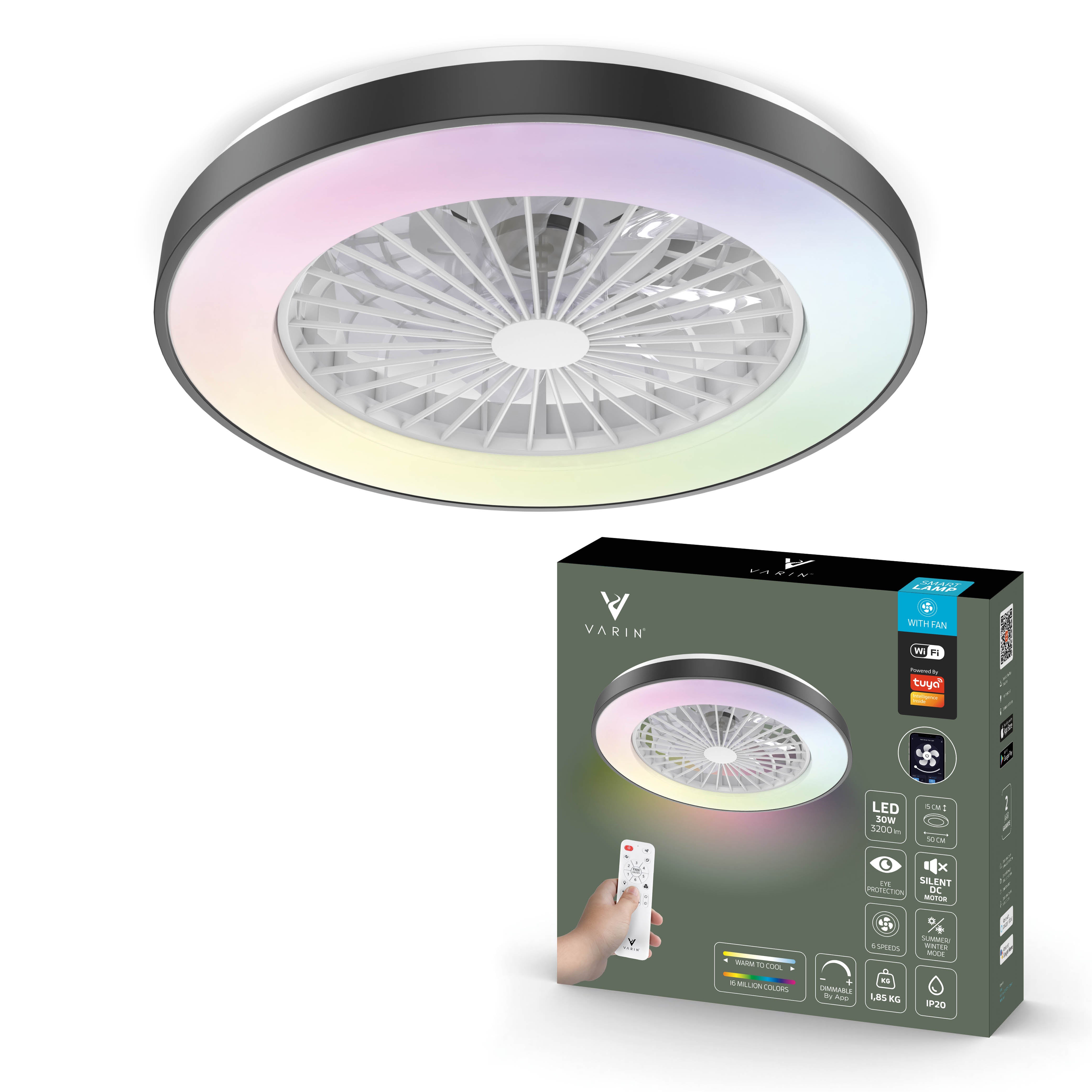 Varin Smart Wifi LED Deckenleuchte mit Ventilator RGBW (CCT) - 50 cm - Tuya - Schwarz