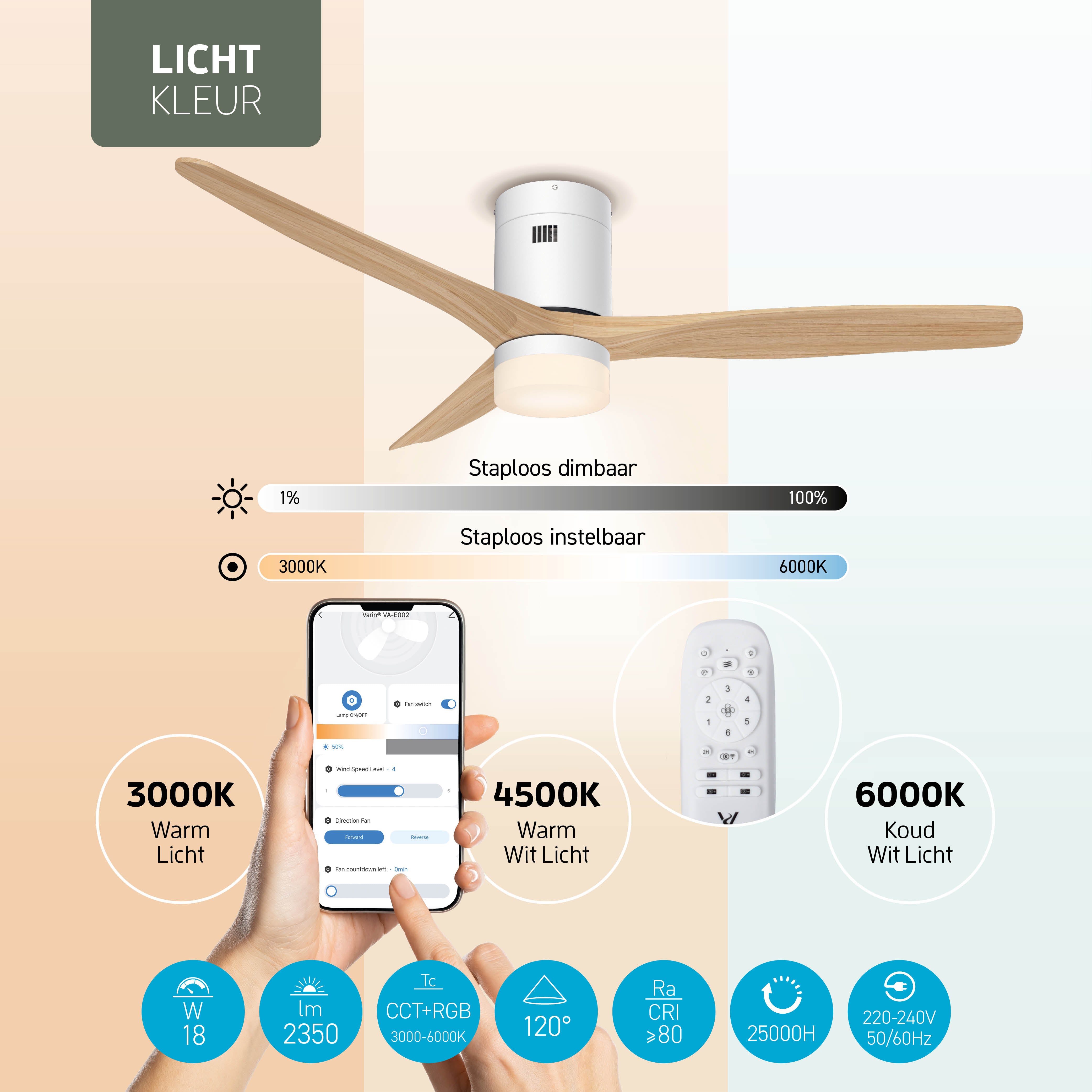 Smart Plafondventilator - Wit/naturel met verlichting - 132cm - WiFi