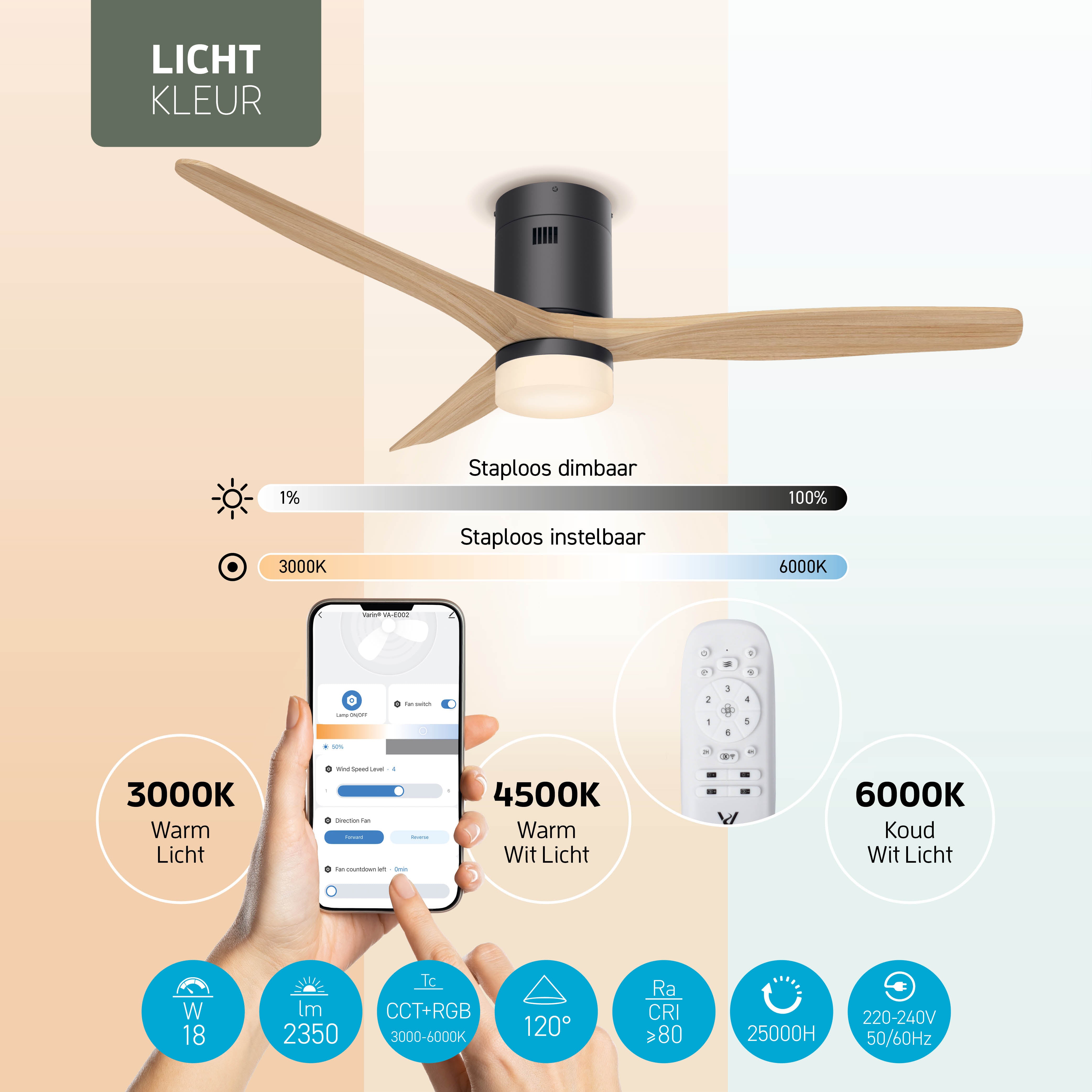 Smart Plafondventilator Zwart/naturel met Verlichting - 132cm - WiFi