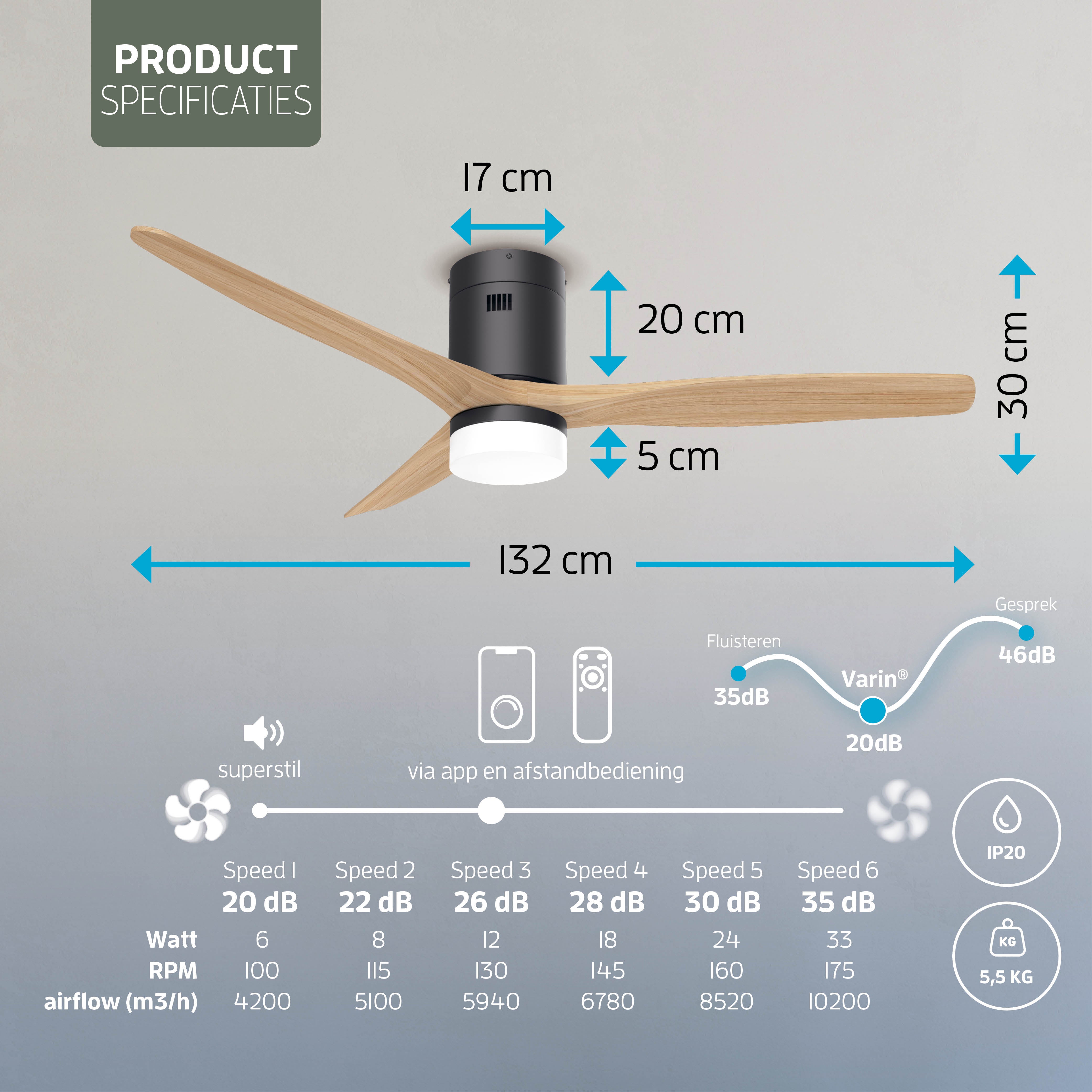 Smart Plafondventilator Zwart/naturel met Verlichting - 132cm - WiFi