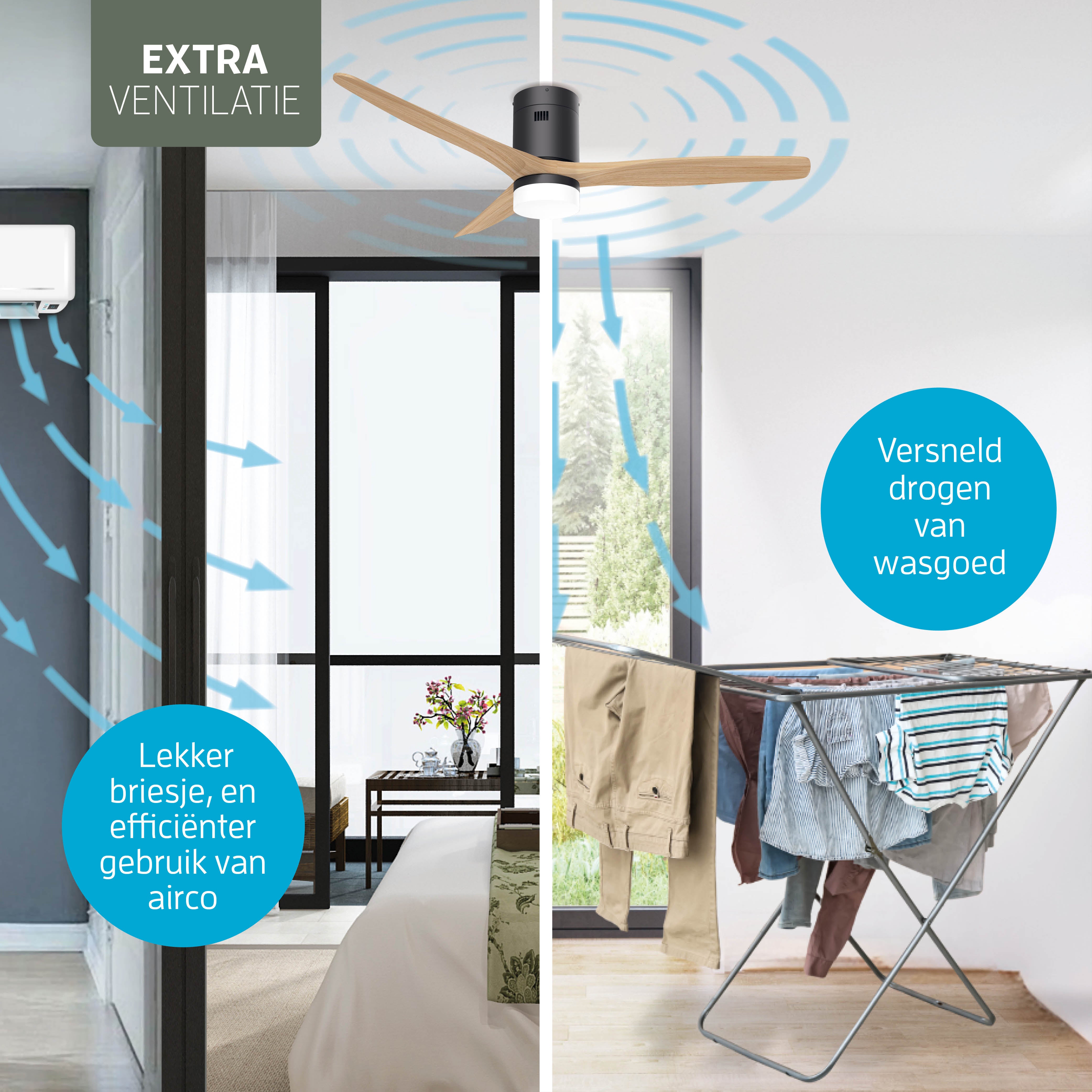 Smart Plafondventilator Zwart/naturel met Verlichting - 132cm - WiFi