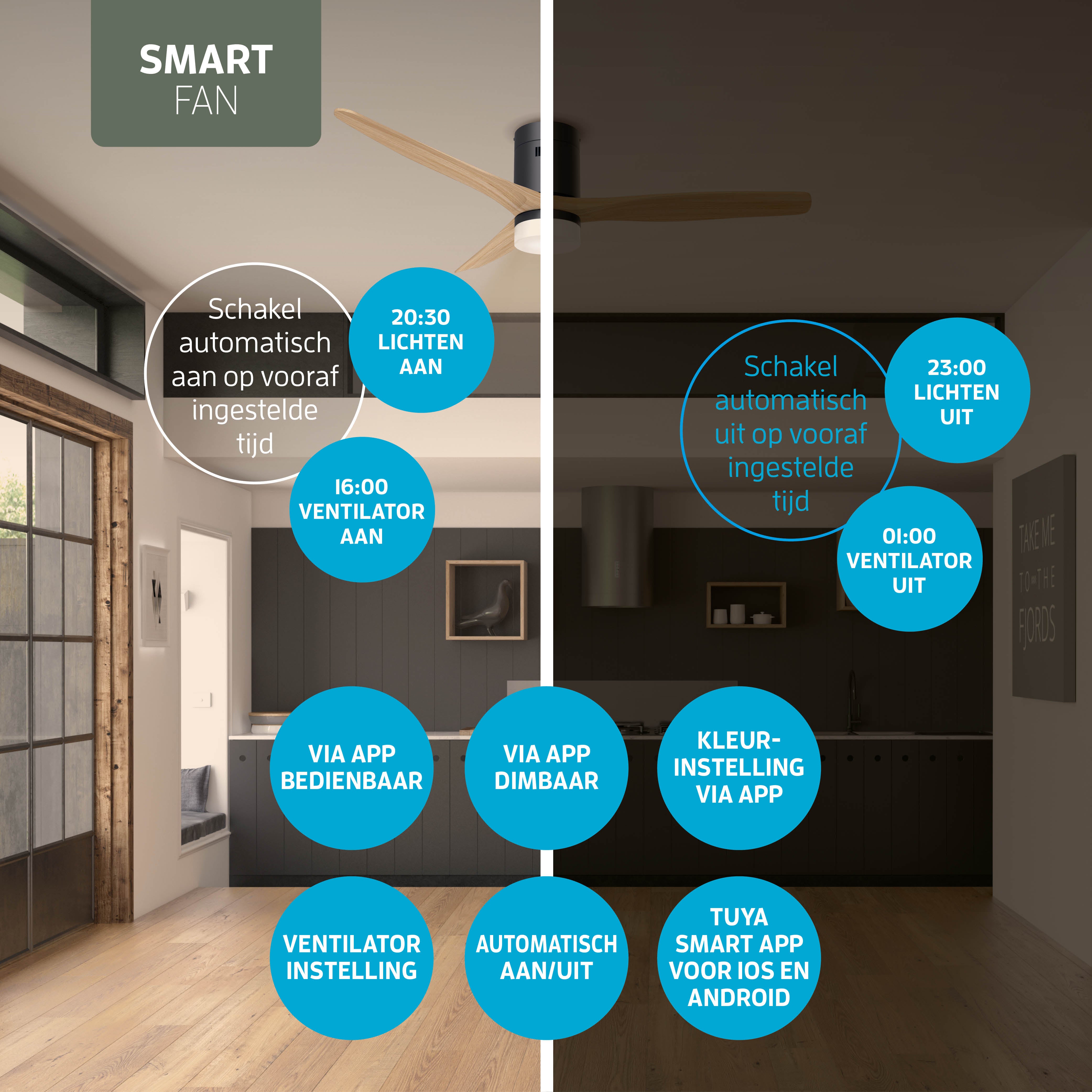 Smart Plafondventilator Zwart/naturel met Verlichting - 132cm - WiFi