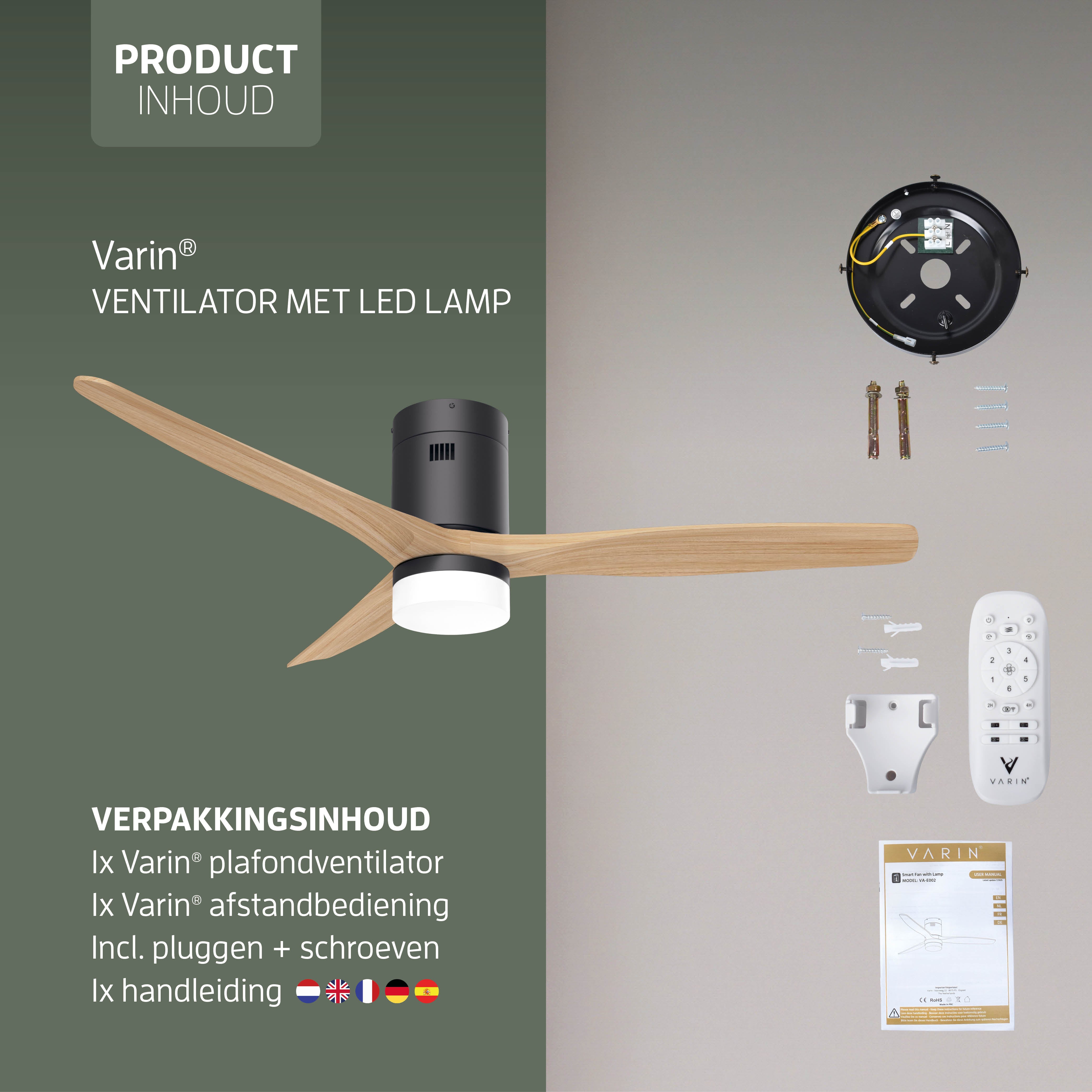 Smart Plafondventilator Zwart/naturel met Verlichting - 132cm - WiFi
