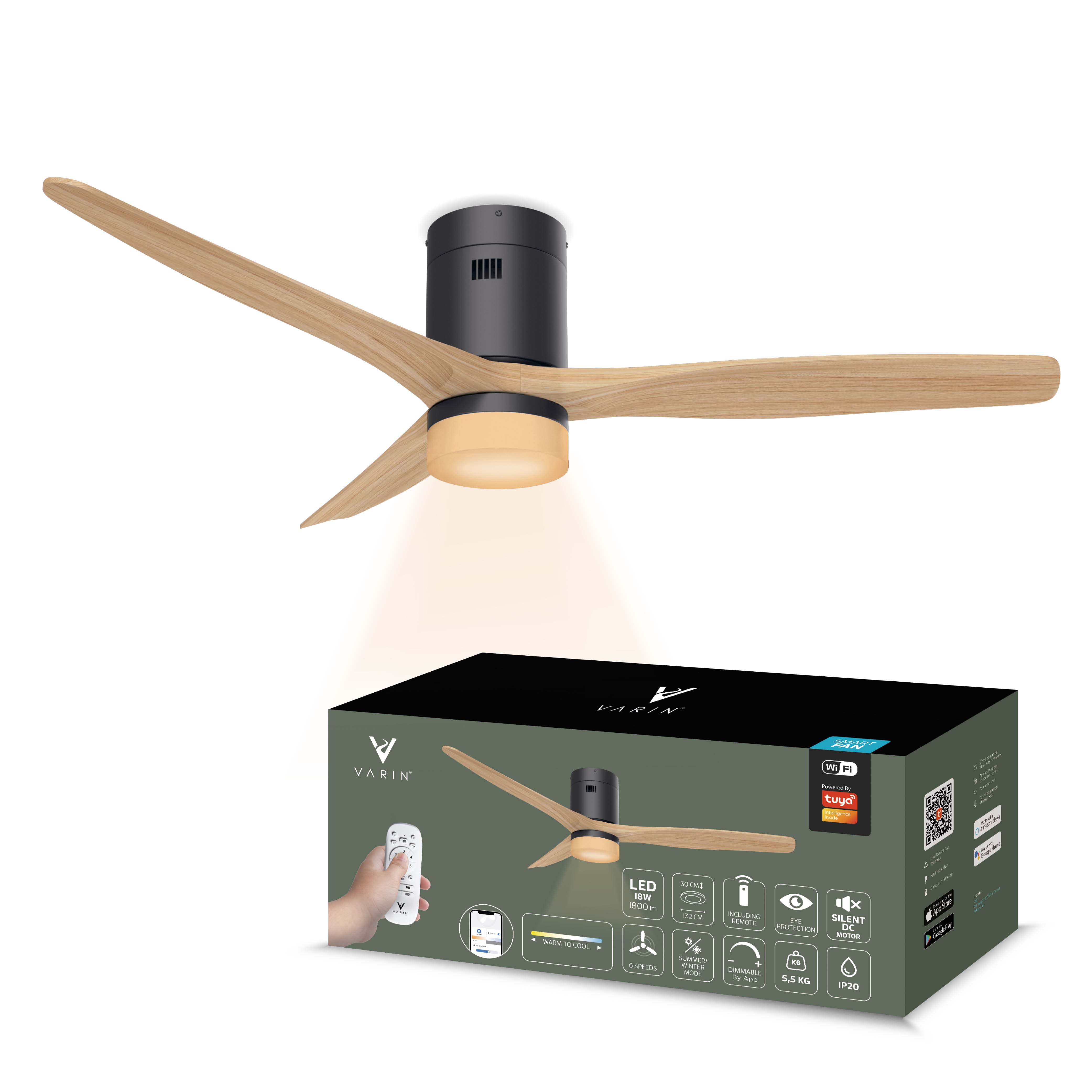 Smart Plafondventilator Zwart/naturel met Verlichting - 132cm - WiFi