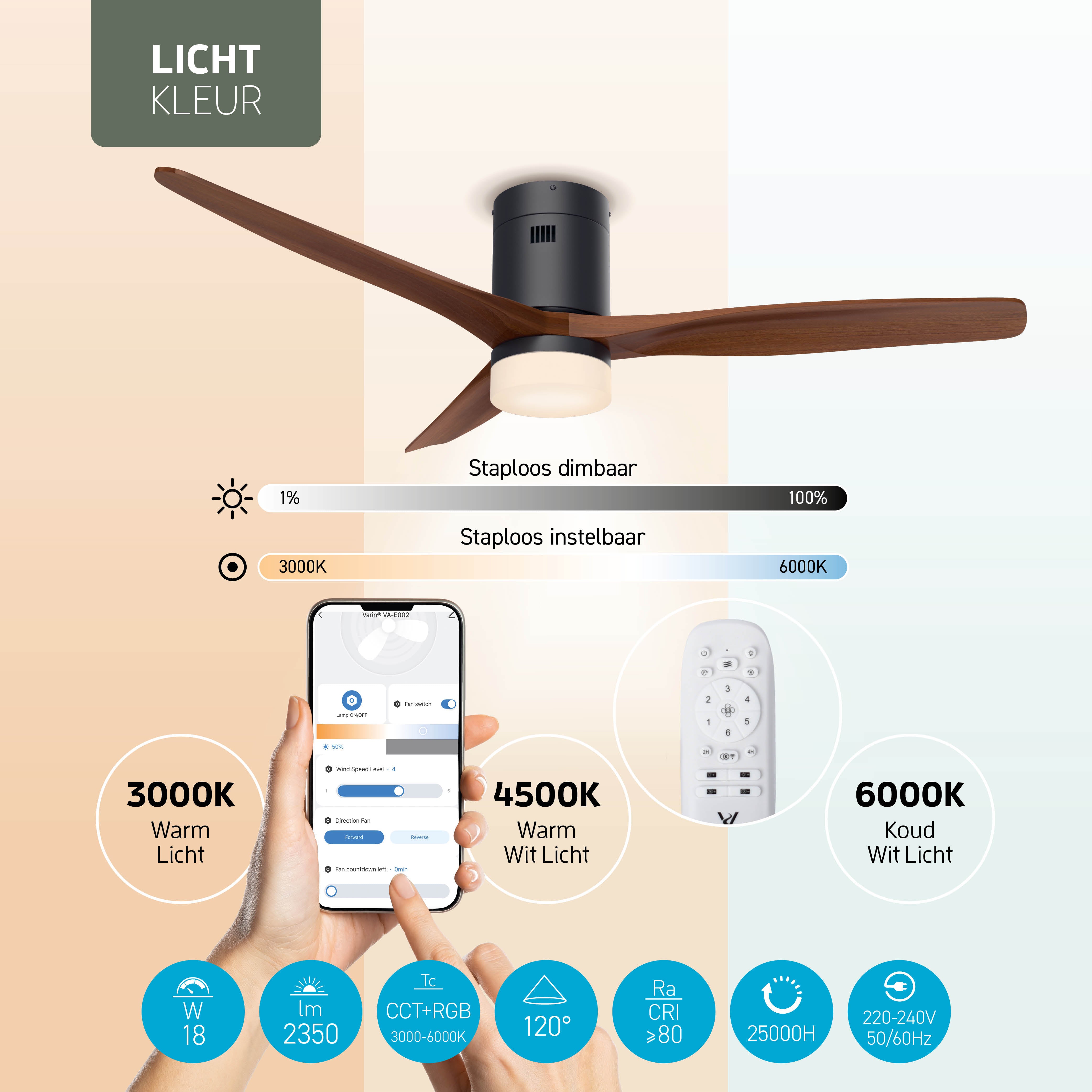 Smart Plafondventilator Zwart/walnoot met Verlichting - 132cm - WiFi
