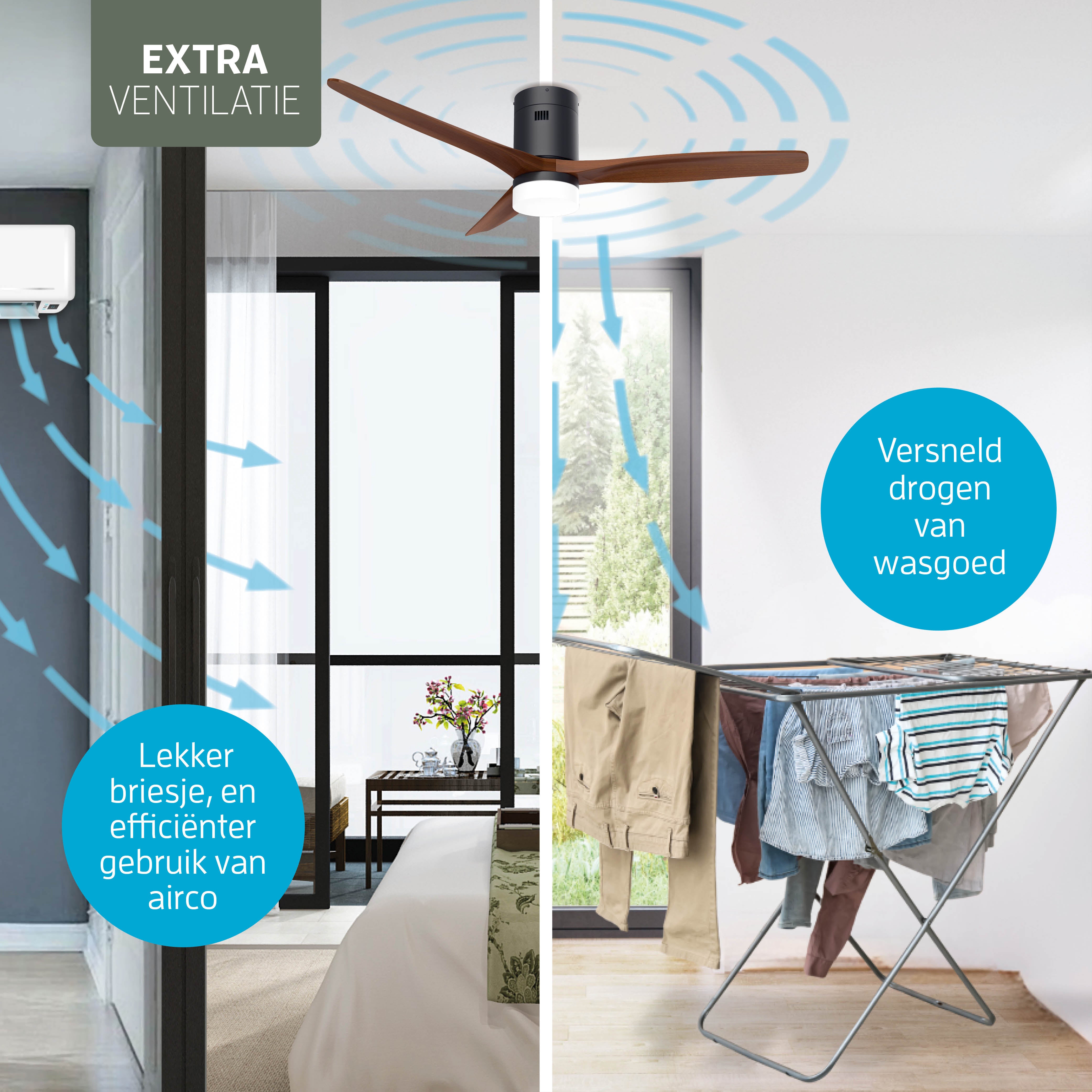 Smart Plafondventilator Zwart/walnoot met Verlichting - 132cm - WiFi