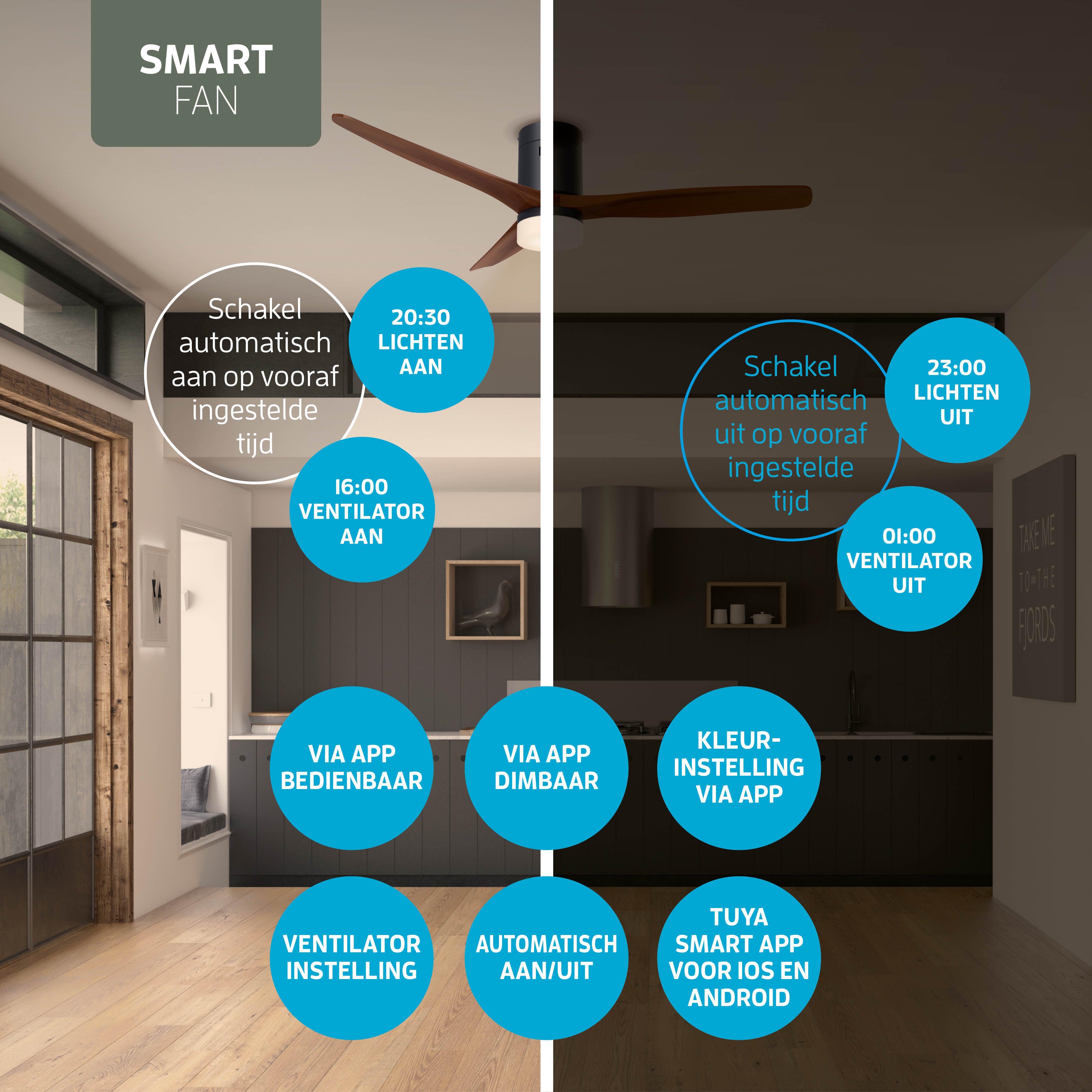 Smart Plafondventilator Zwart/walnoot met Verlichting - 132cm - WiFi