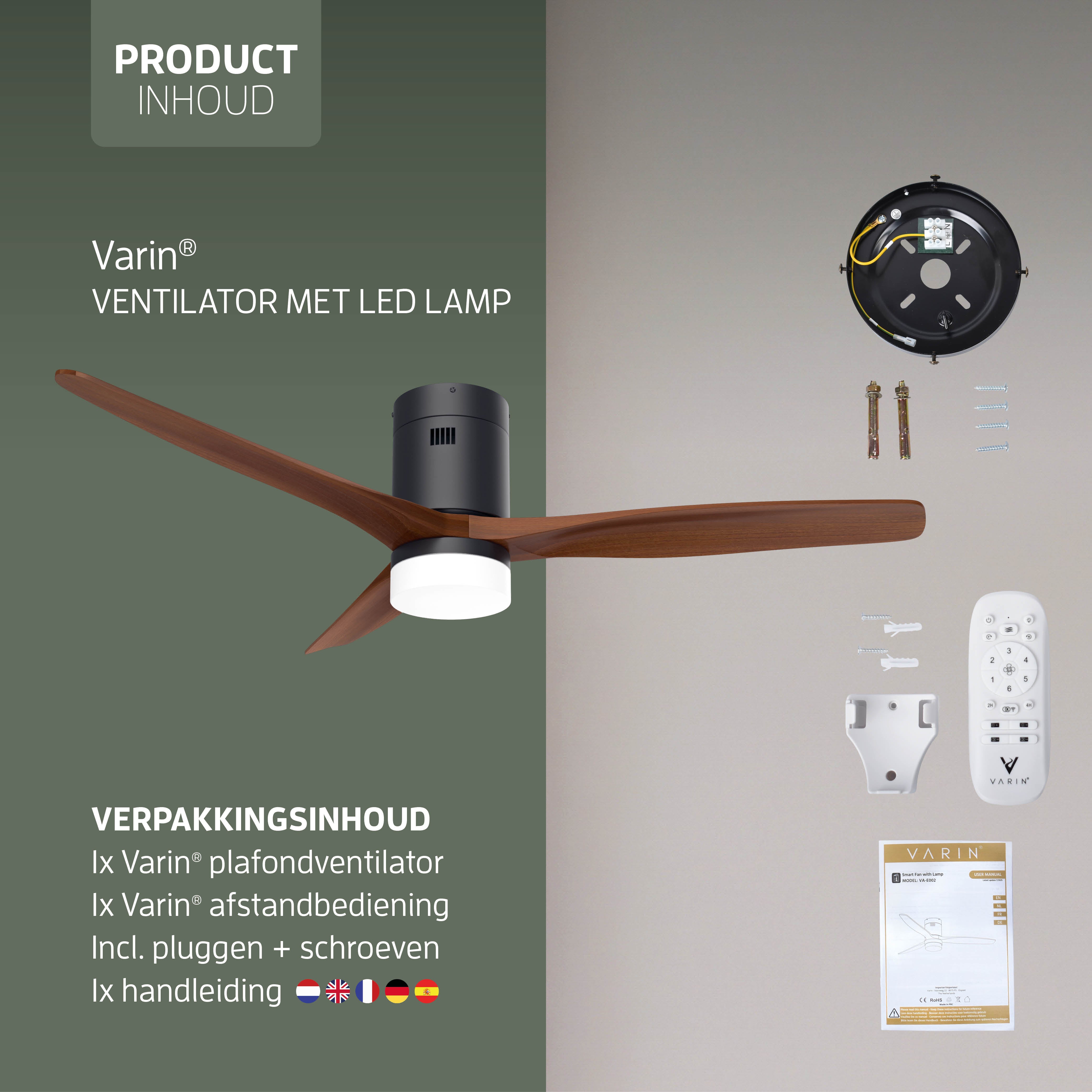 Smart Plafondventilator Zwart/walnoot met Verlichting - 132cm - WiFi