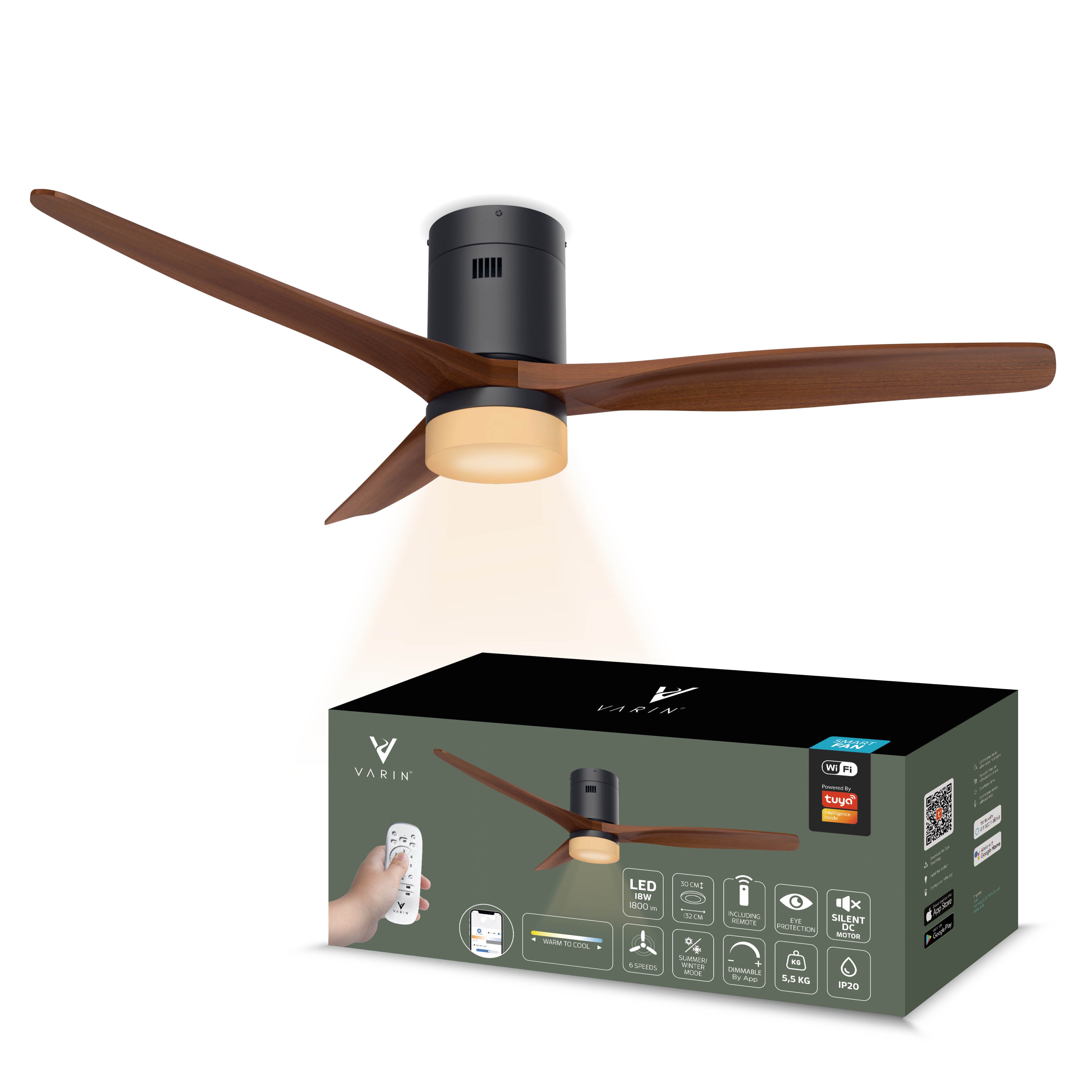 Smart Plafondventilator Zwart/walnoot met Verlichting - 132cm - WiFi