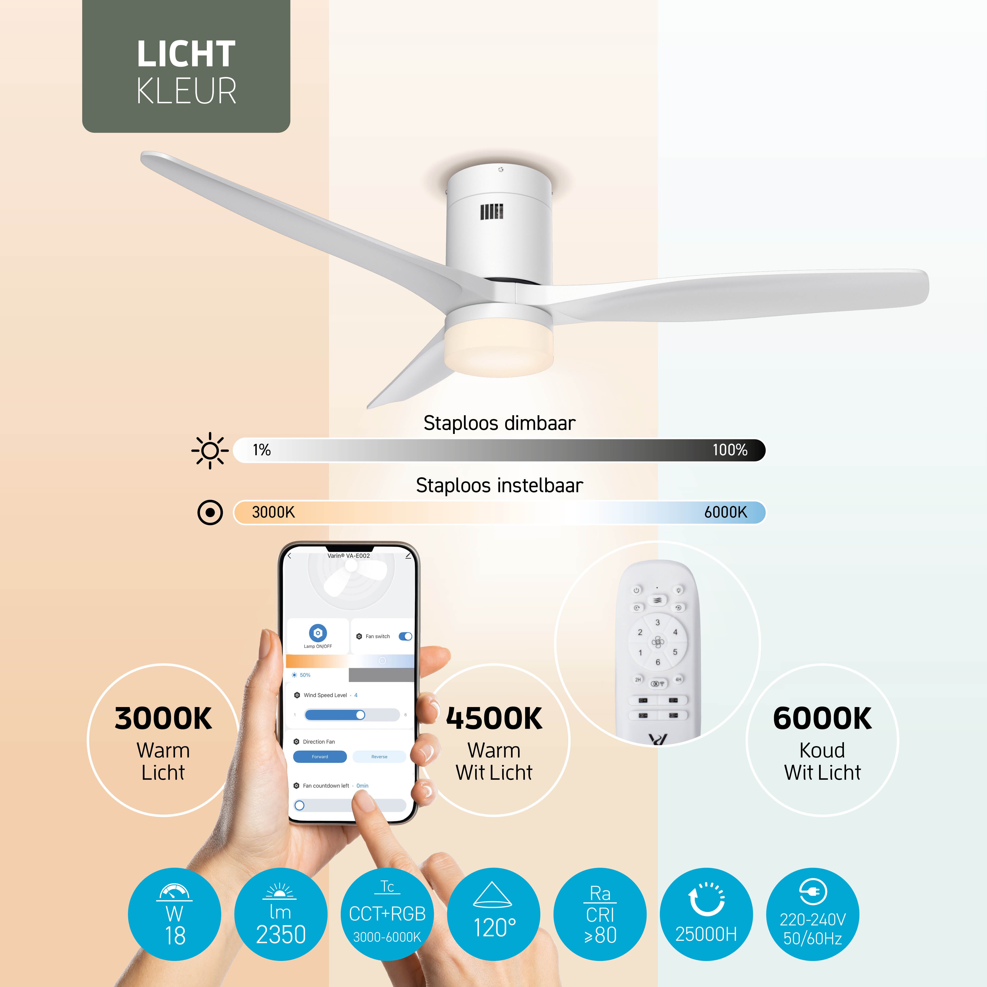 Smart Plafondventilator Wit met Verlichting - 132cm - WiFi