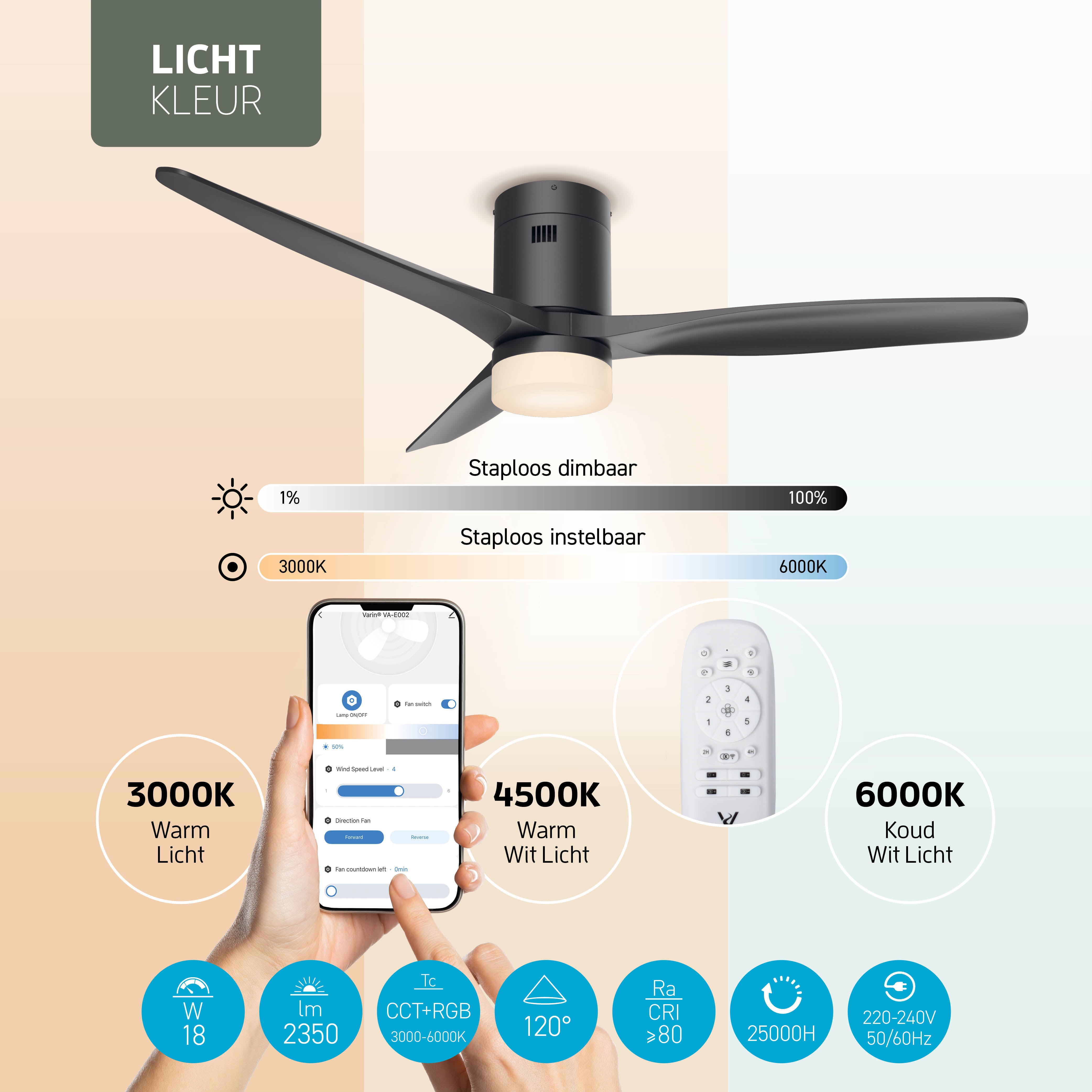 Ventilatore da soffitto Smart Nero con illuminazione - 132cm - WiFi