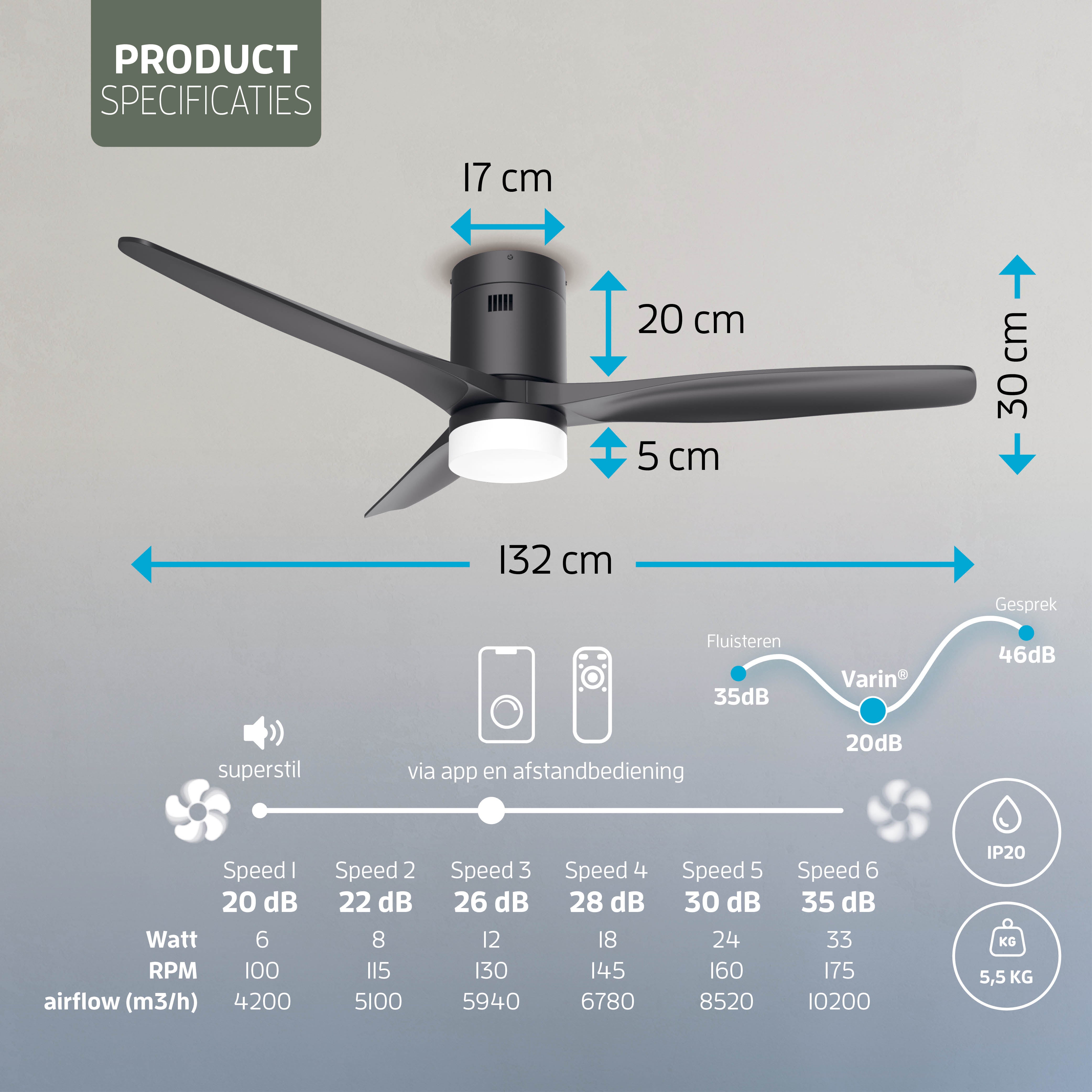 Ventilatore da soffitto Smart Nero con illuminazione - 132cm - WiFi