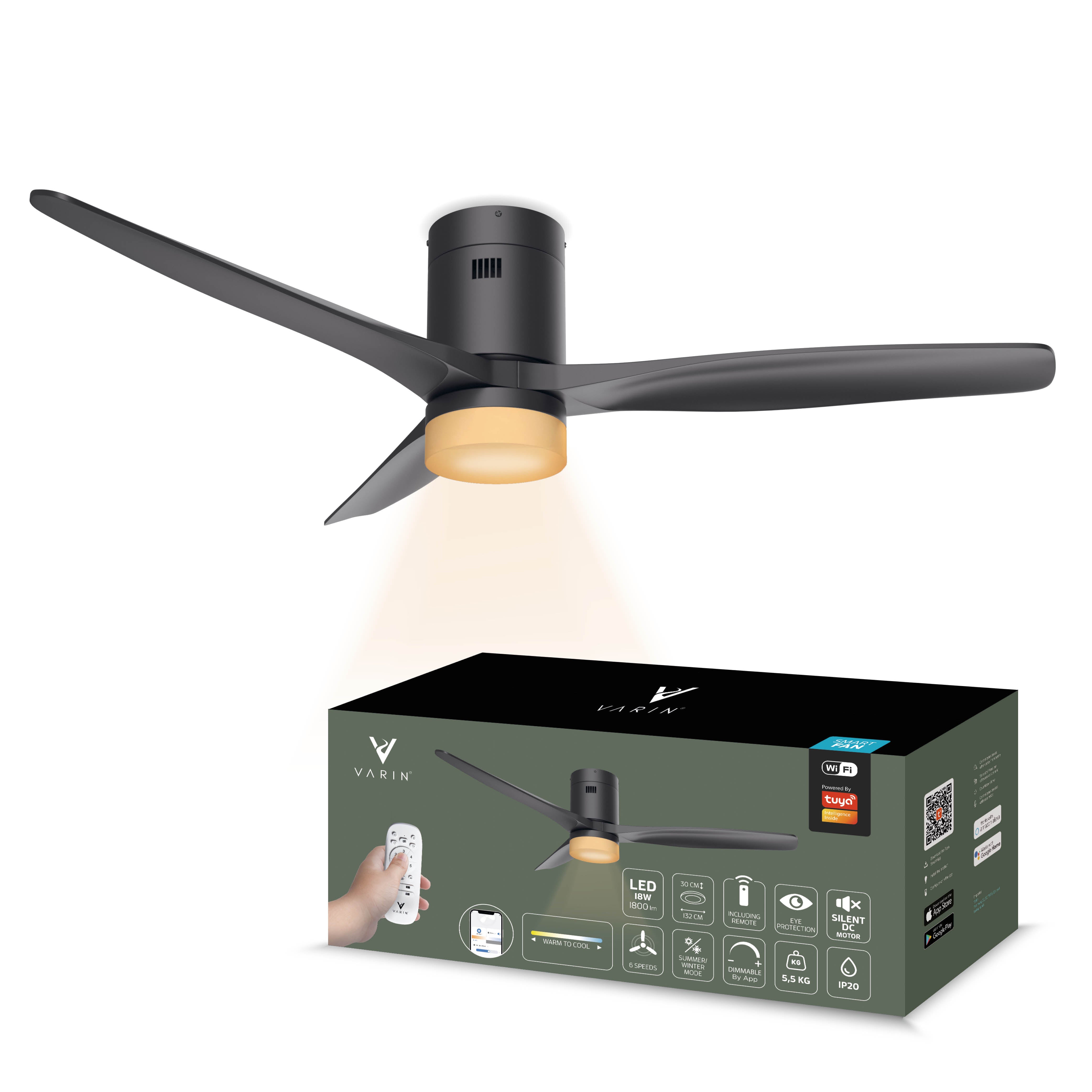 Ventilatore da soffitto Smart Nero con illuminazione - 132cm - WiFi