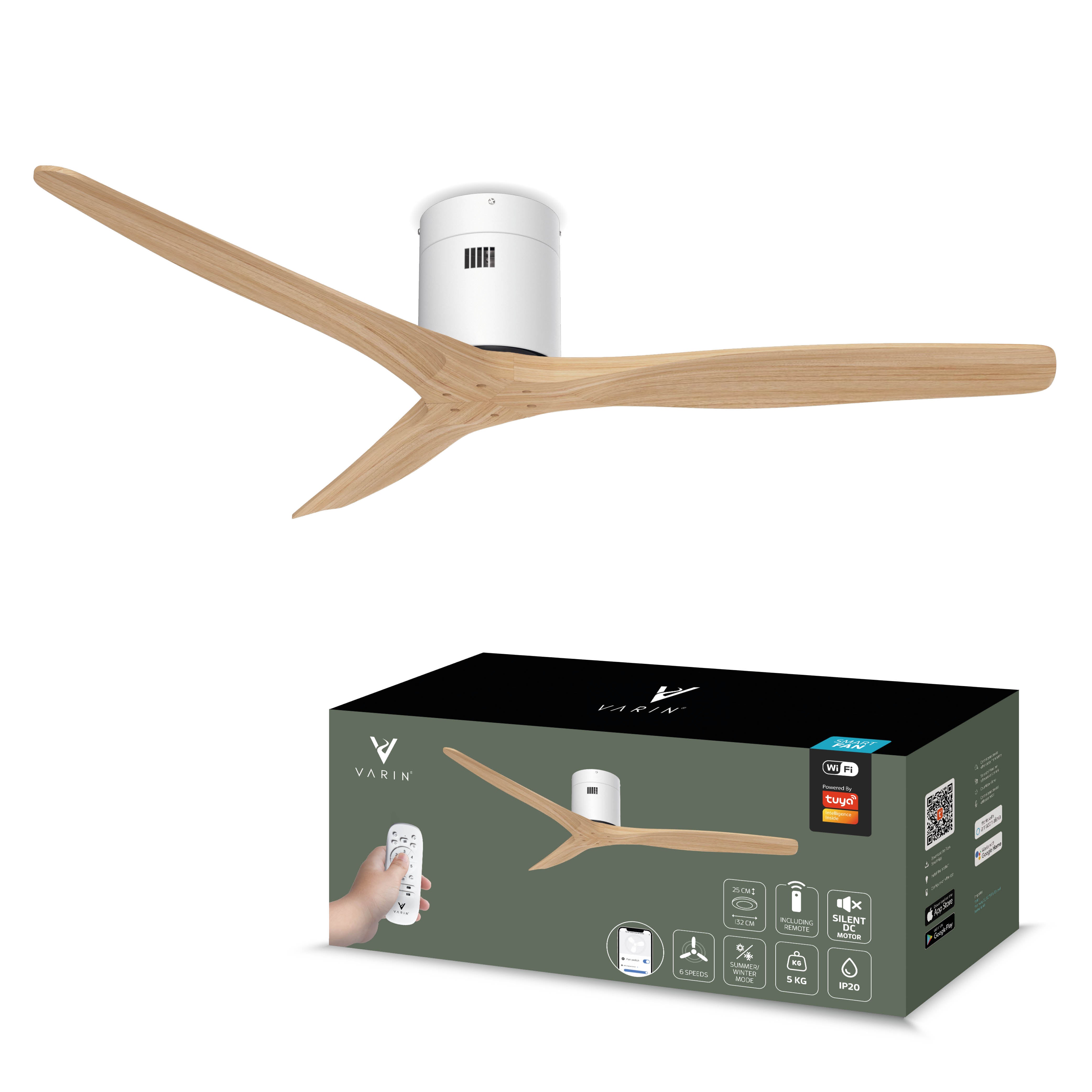 Smart Plafondventilator - Wit/naturel - 132cm - WiFi