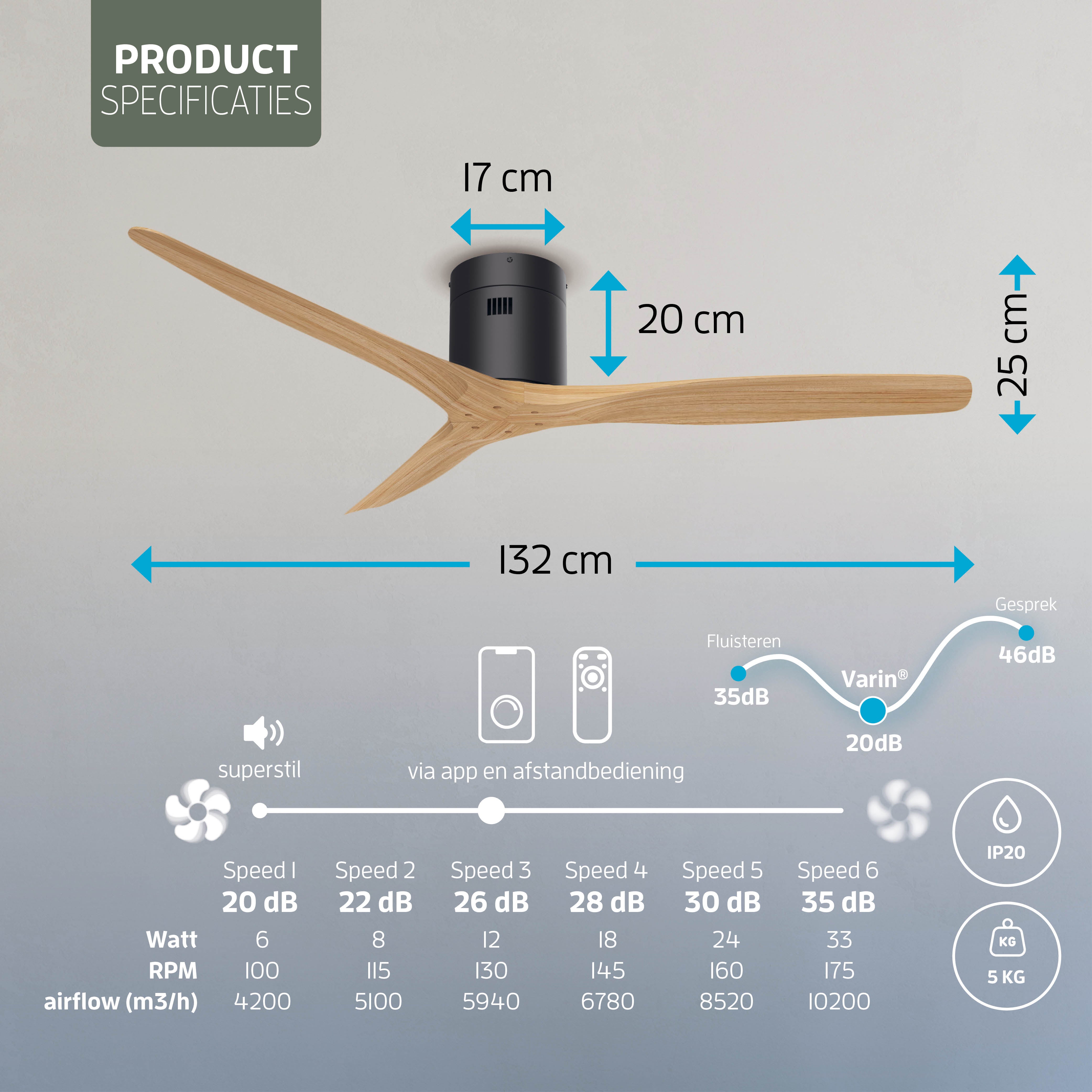 Smart Plafondventilator - Zwart/naturel - 132cm - WiFi