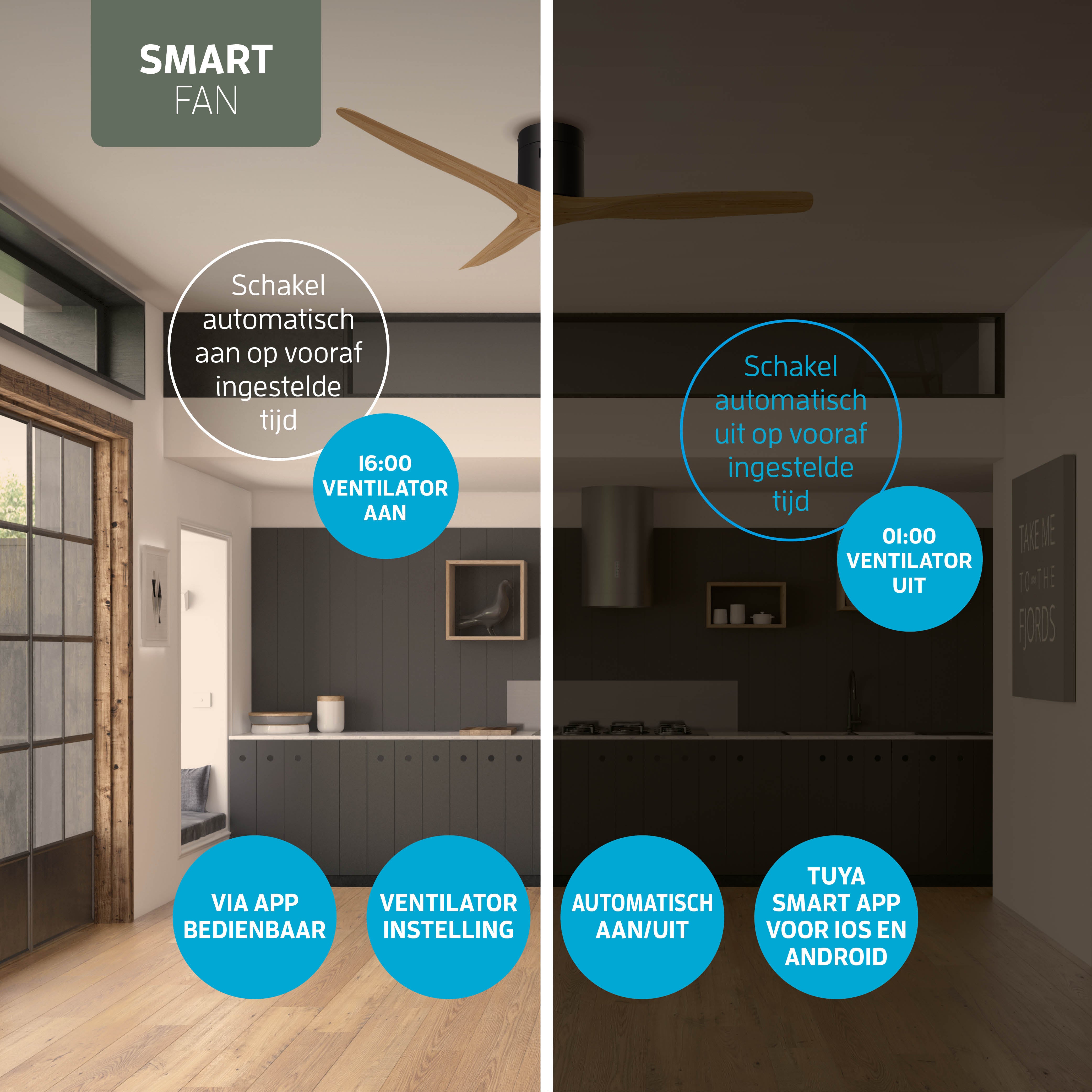 Smart Plafondventilator - Zwart/naturel - 132cm - WiFi