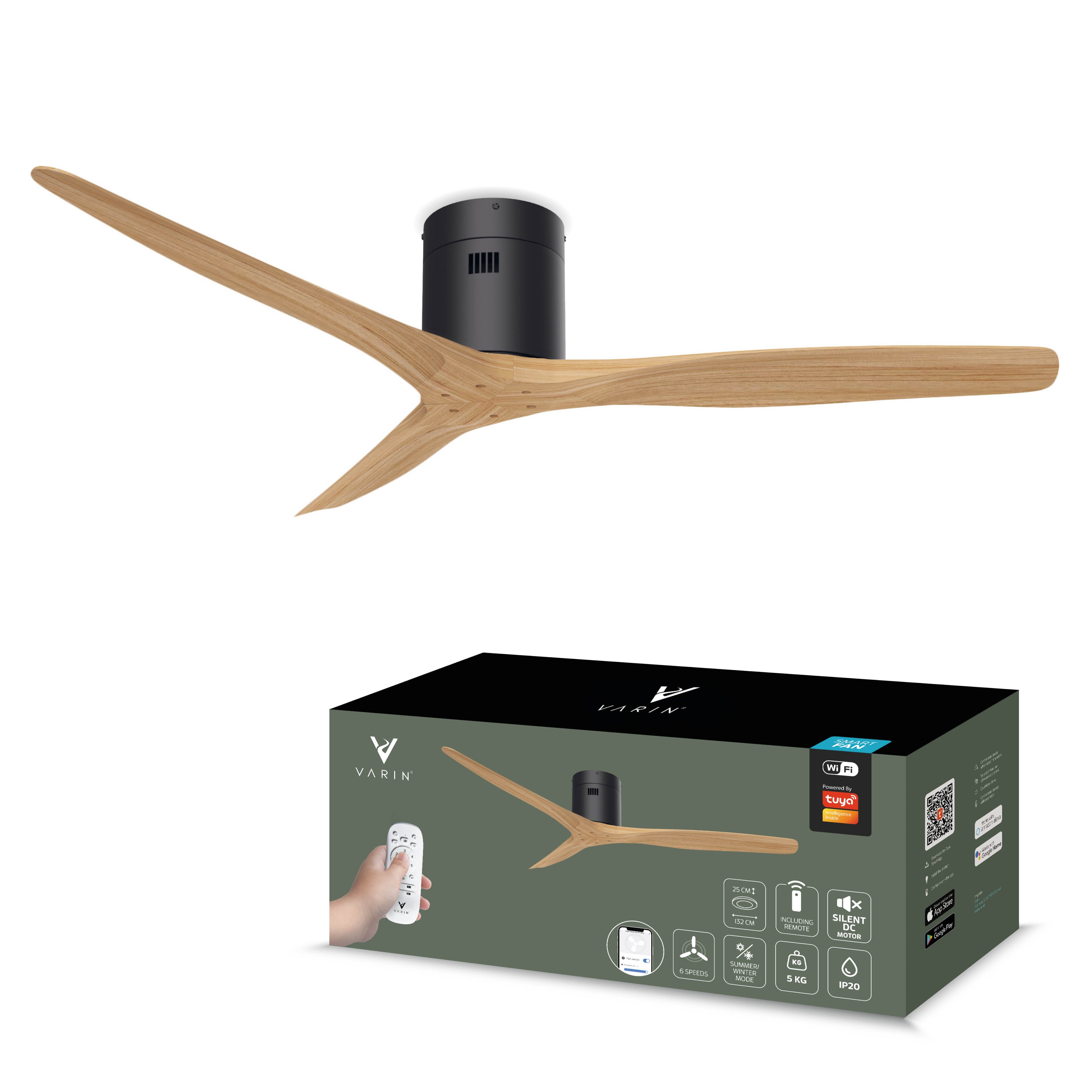 Smart Plafondventilator - Zwart/naturel - 132cm - WiFi