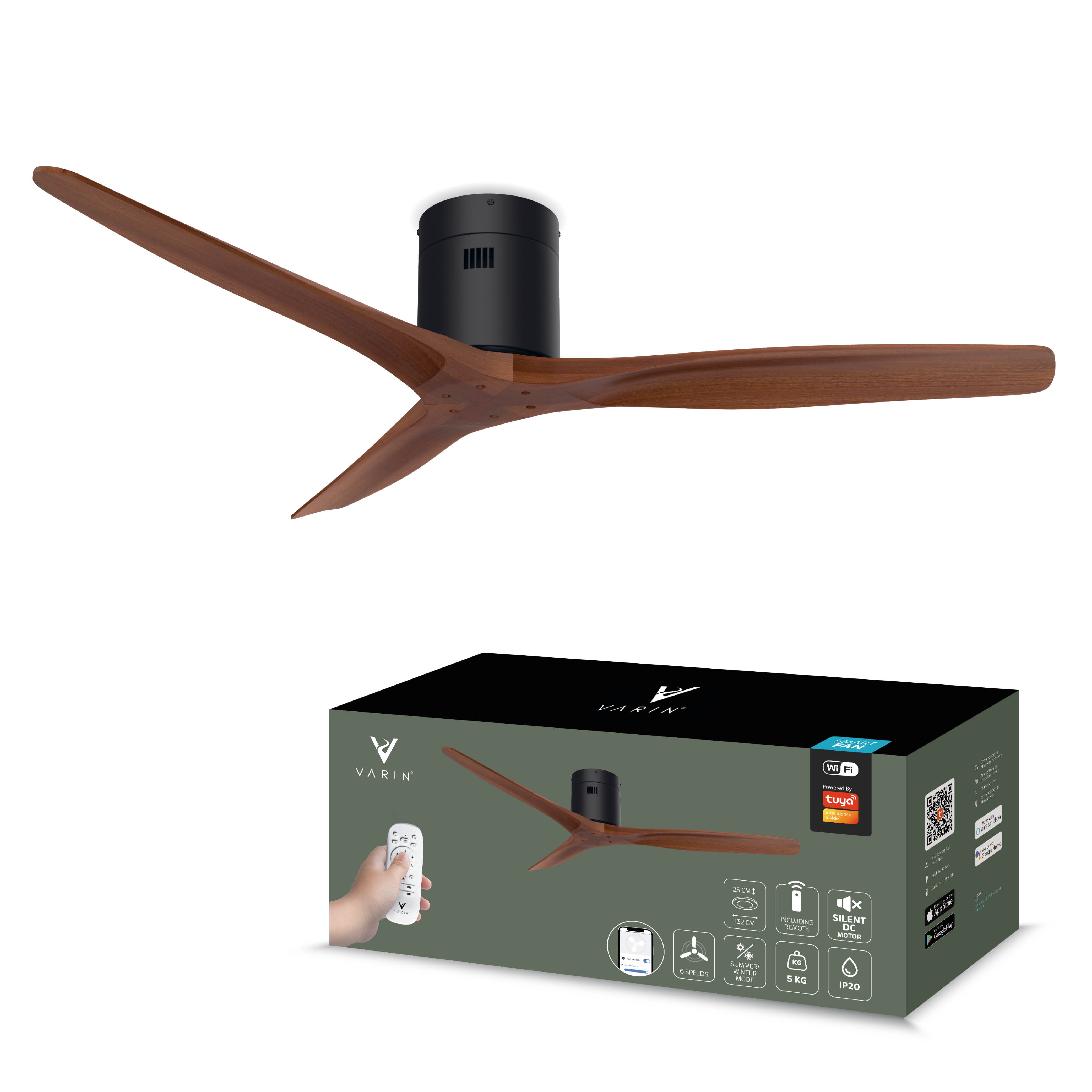 Smart Plafondventilator - Zwart/walnoot - 132cm - WiFi