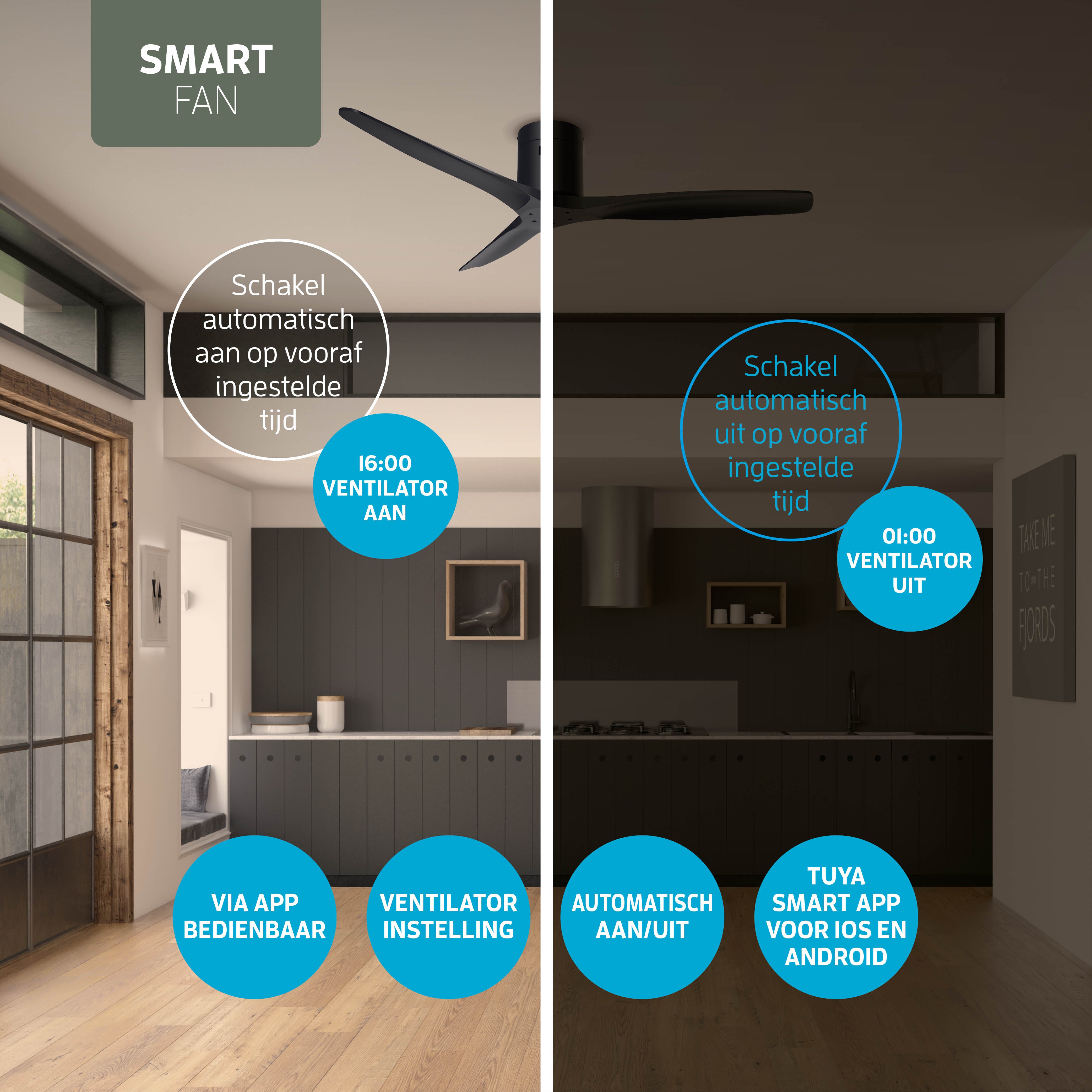 Smart Plafondventilator - Zwart/zwart - 132cm - WiFi