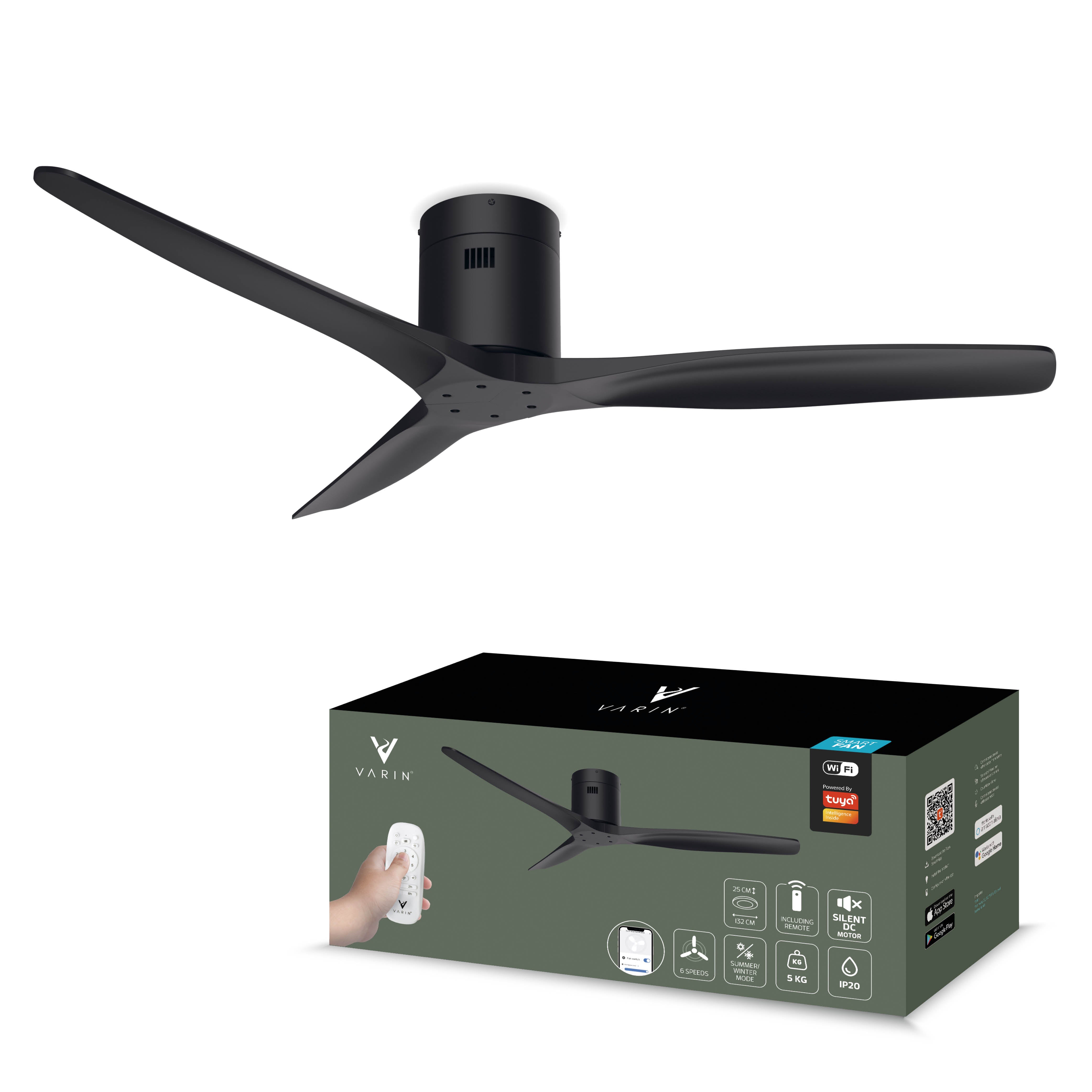 Smart Plafondventilator - Zwart/zwart - 132cm - WiFi