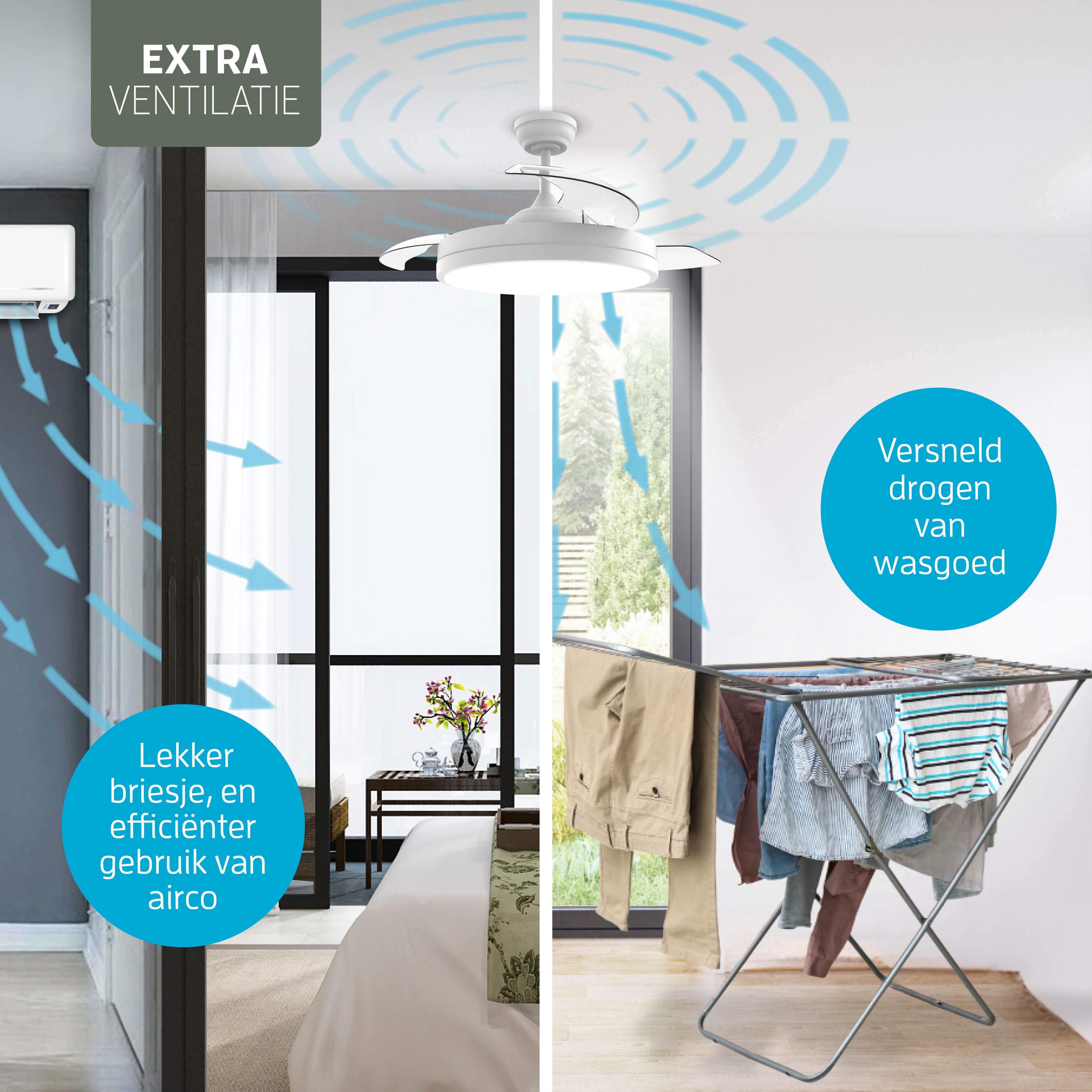 Smart Plafondlamp met uitklapbare Ventilator - Wit - 108cm - WiFi
