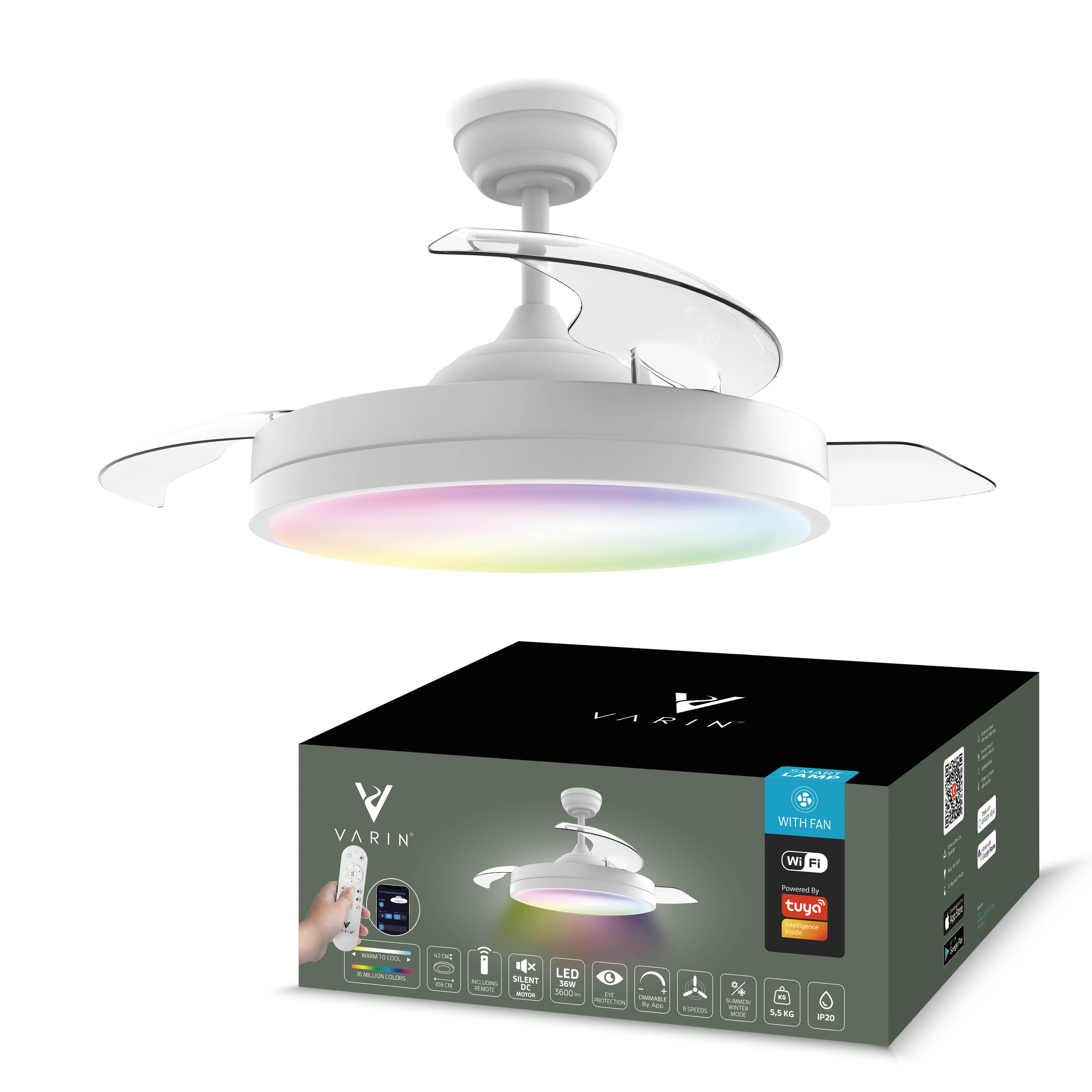 Smart Plafondlamp met uitklapbare Ventilator - Wit - 108cm - WiFi