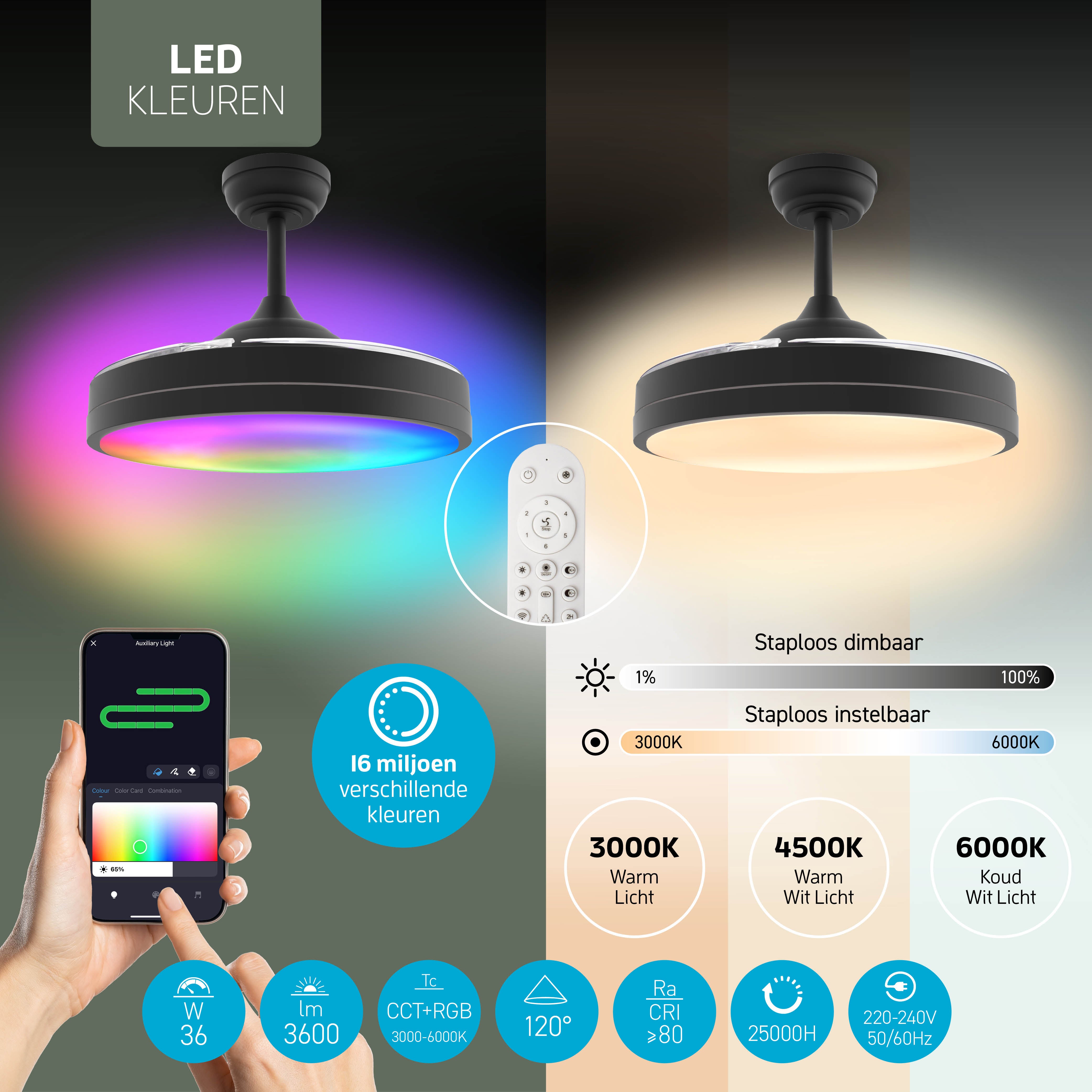 Plafondlamp met uitklapbare ventilator - Zwart - 108cm - WiFi